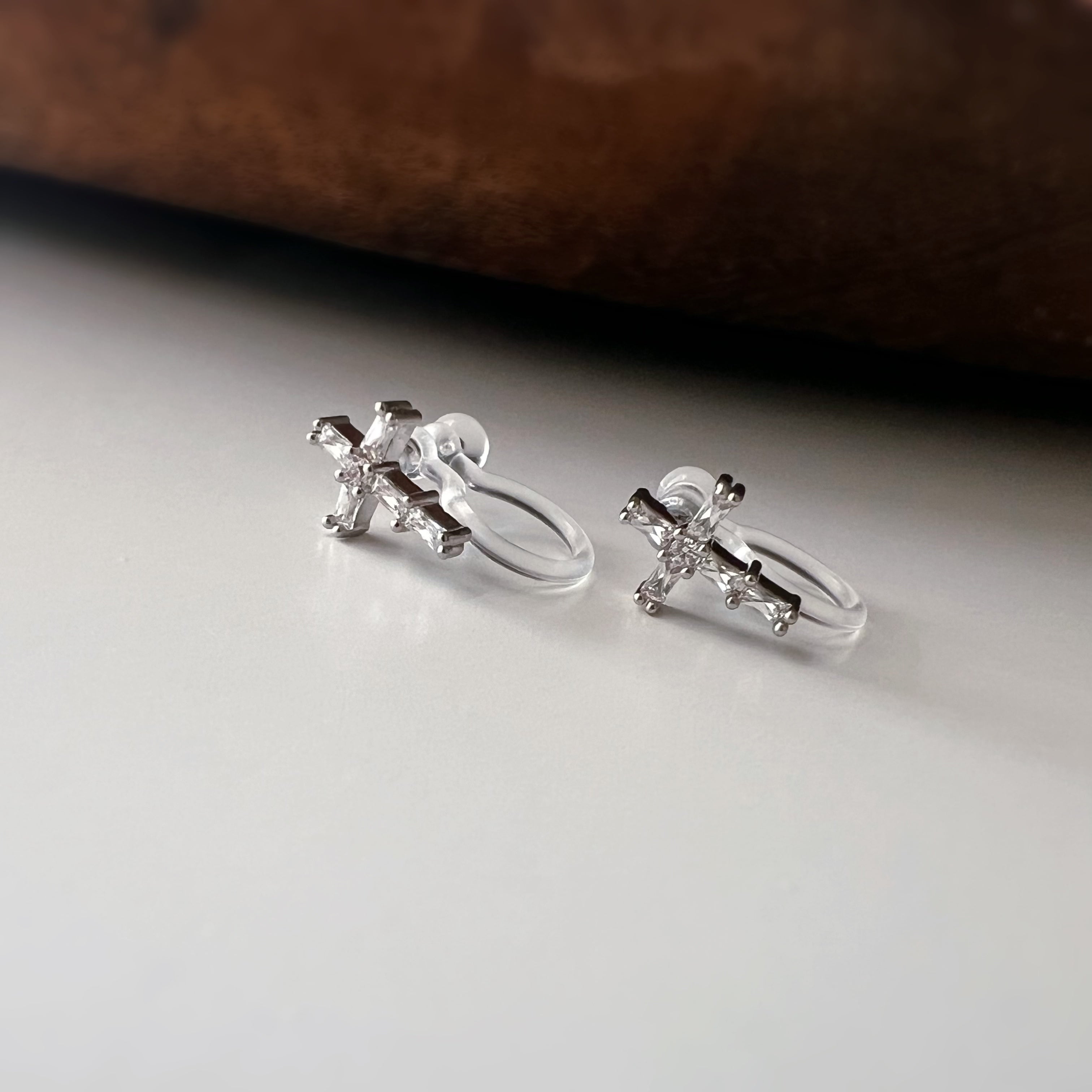 Fine rhinestone cross non-pierced ear cuffs