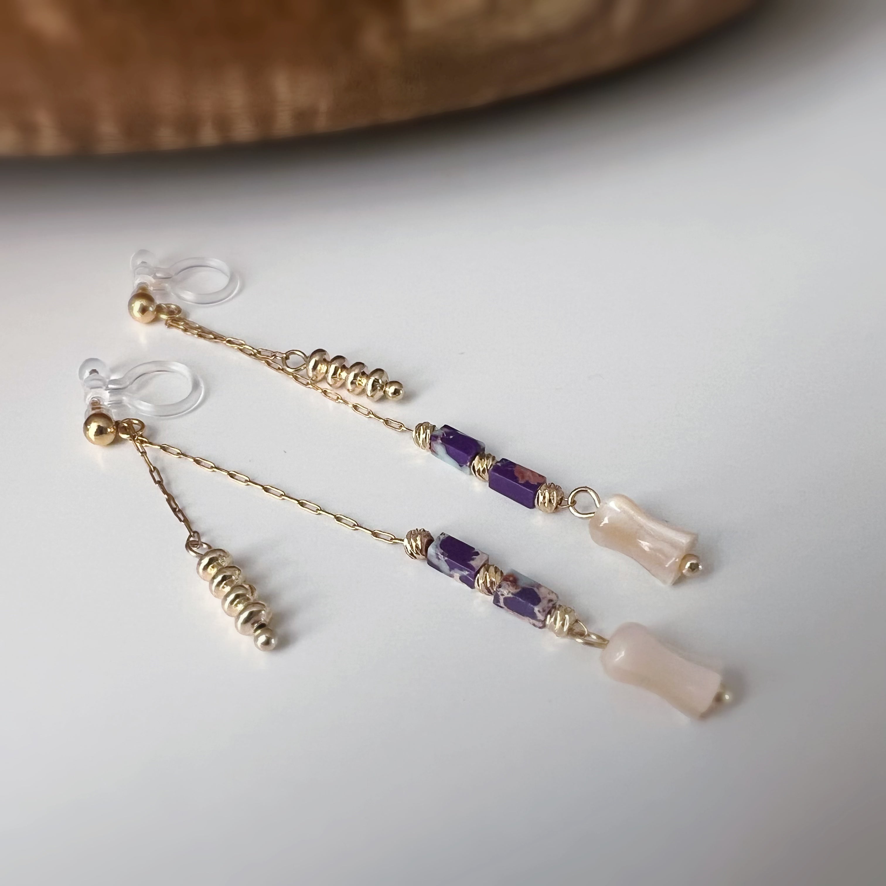 Flower drop clip-on earrings, gold tone purple beads