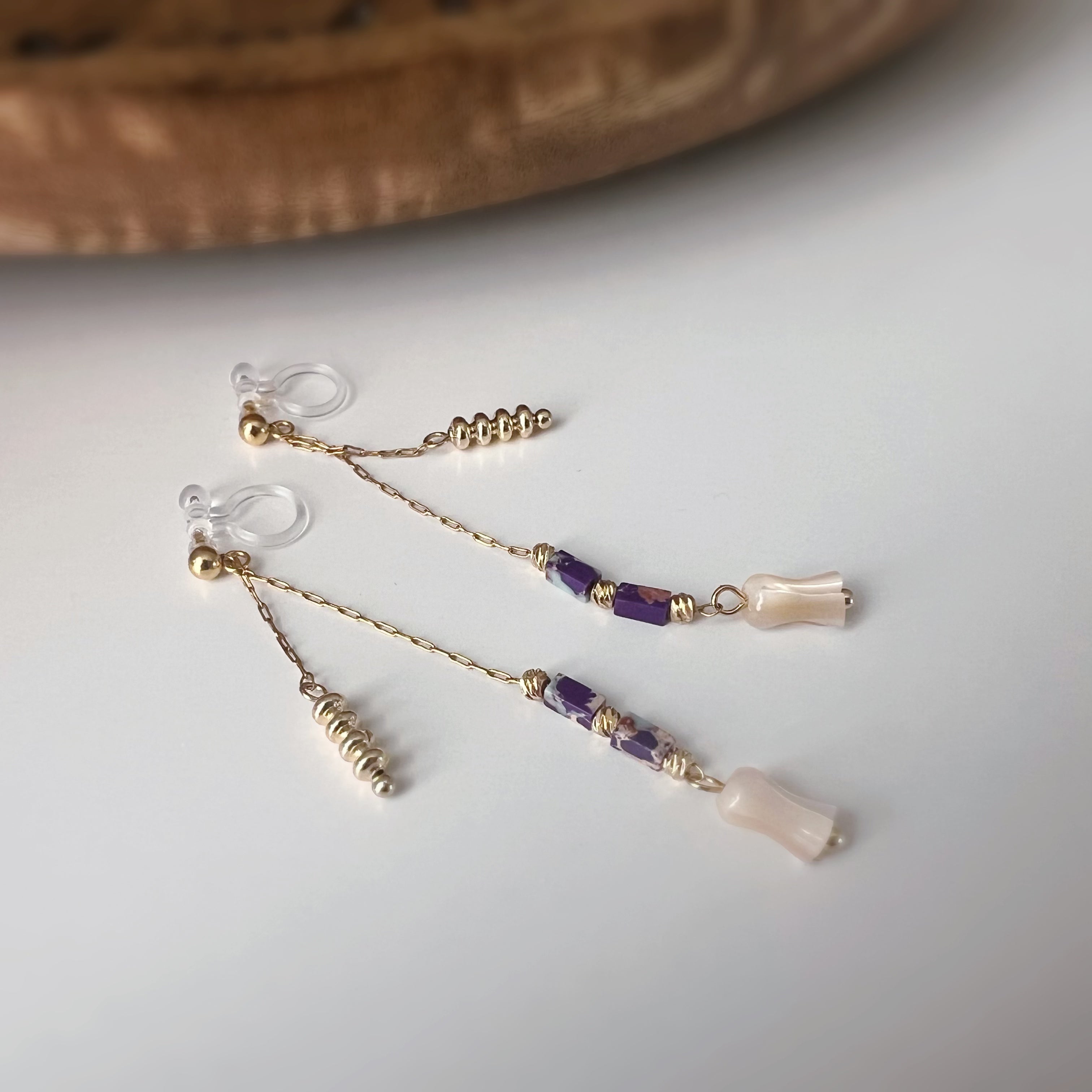 Flower drop clip-on earrings, gold tone purple beads