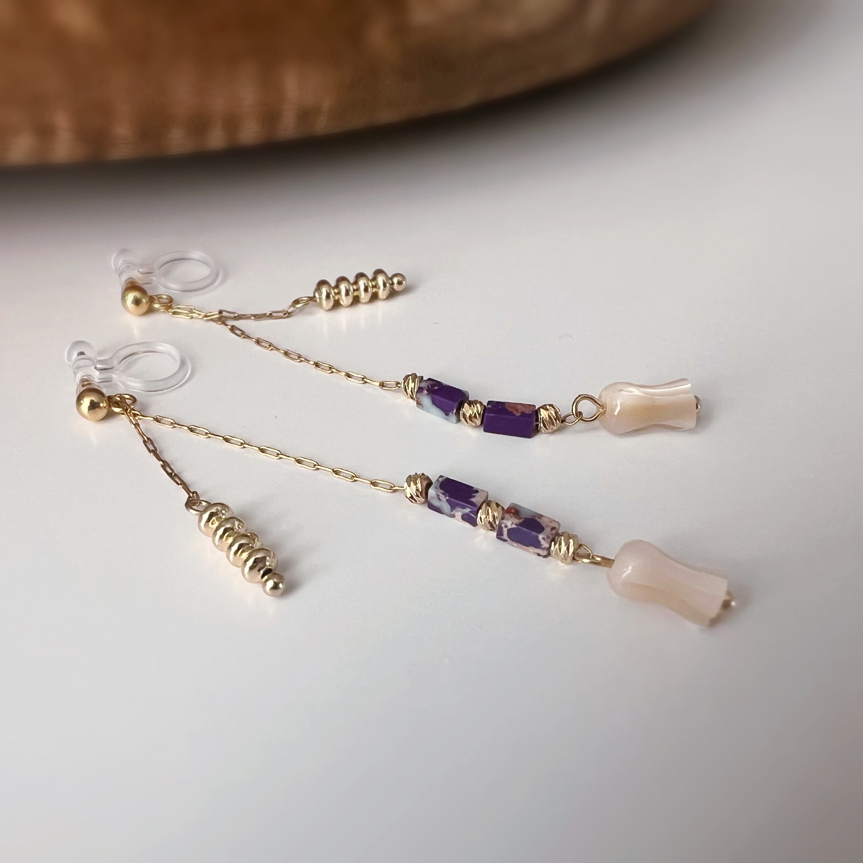 Flower drop clip-on earrings, gold tone purple beads