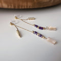 Clips d’oreilles pendants fleur, couleur or perles violettes