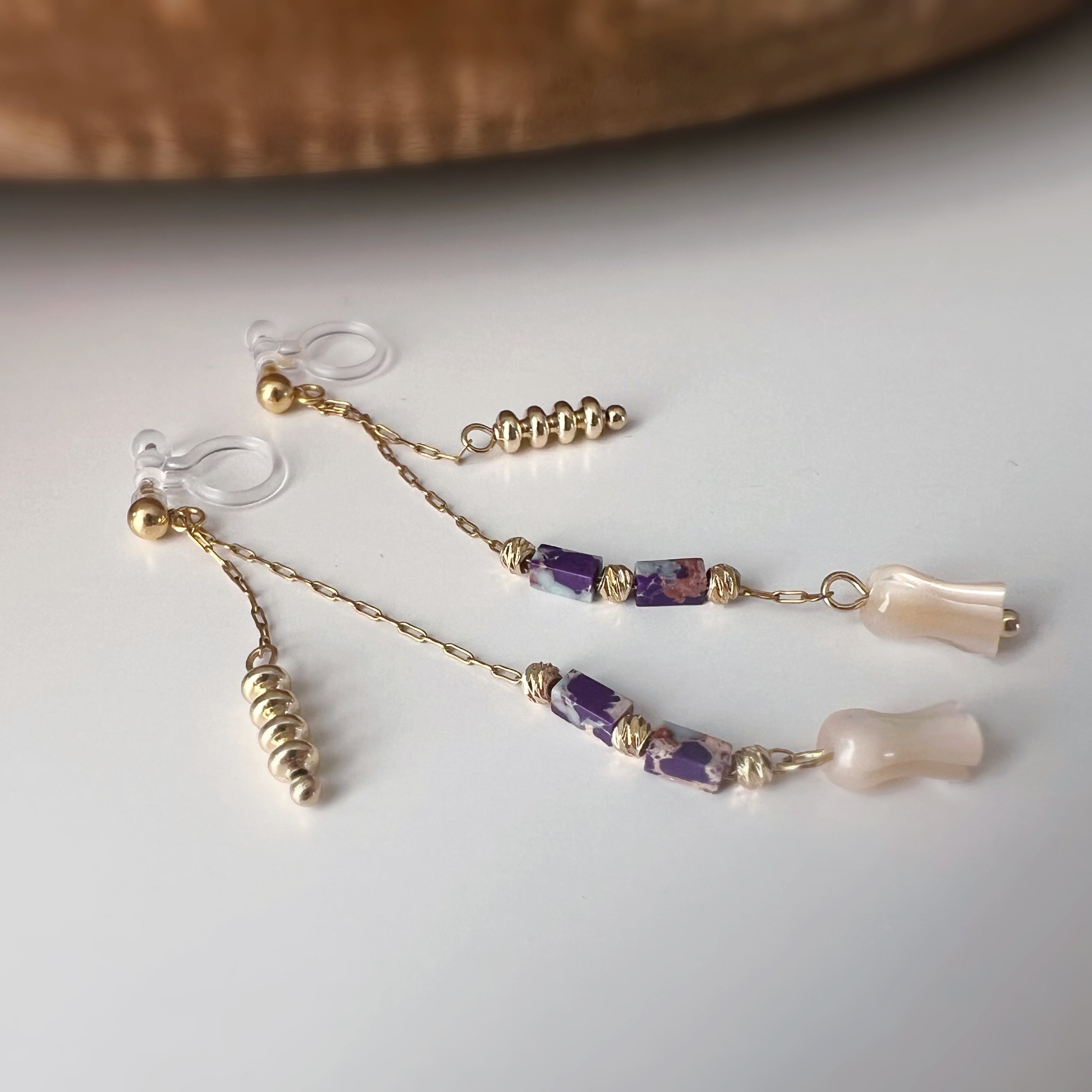 Flower drop clip-on earrings, gold tone purple beads