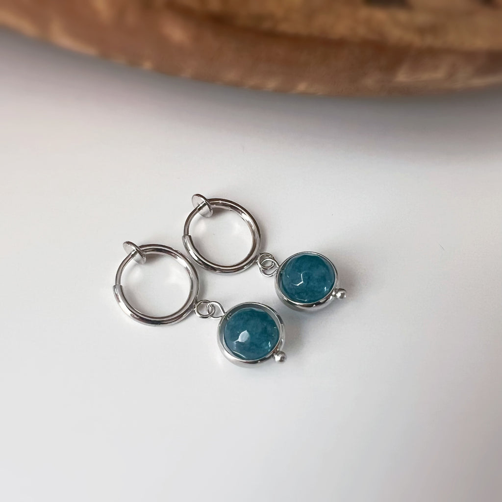 Clips créoles sans perçage avec pendentif bleu pétrole