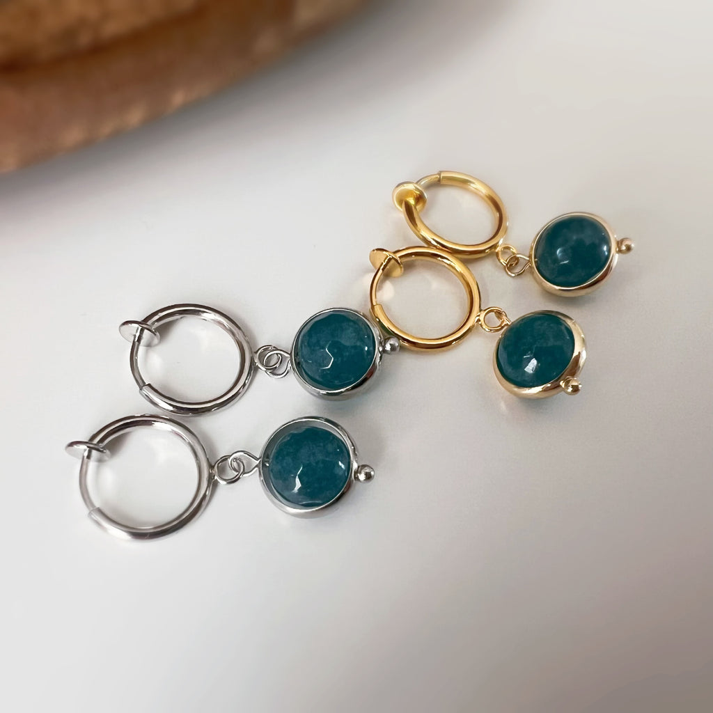 Clips créoles sans perçage avec pendentif bleu pétrole