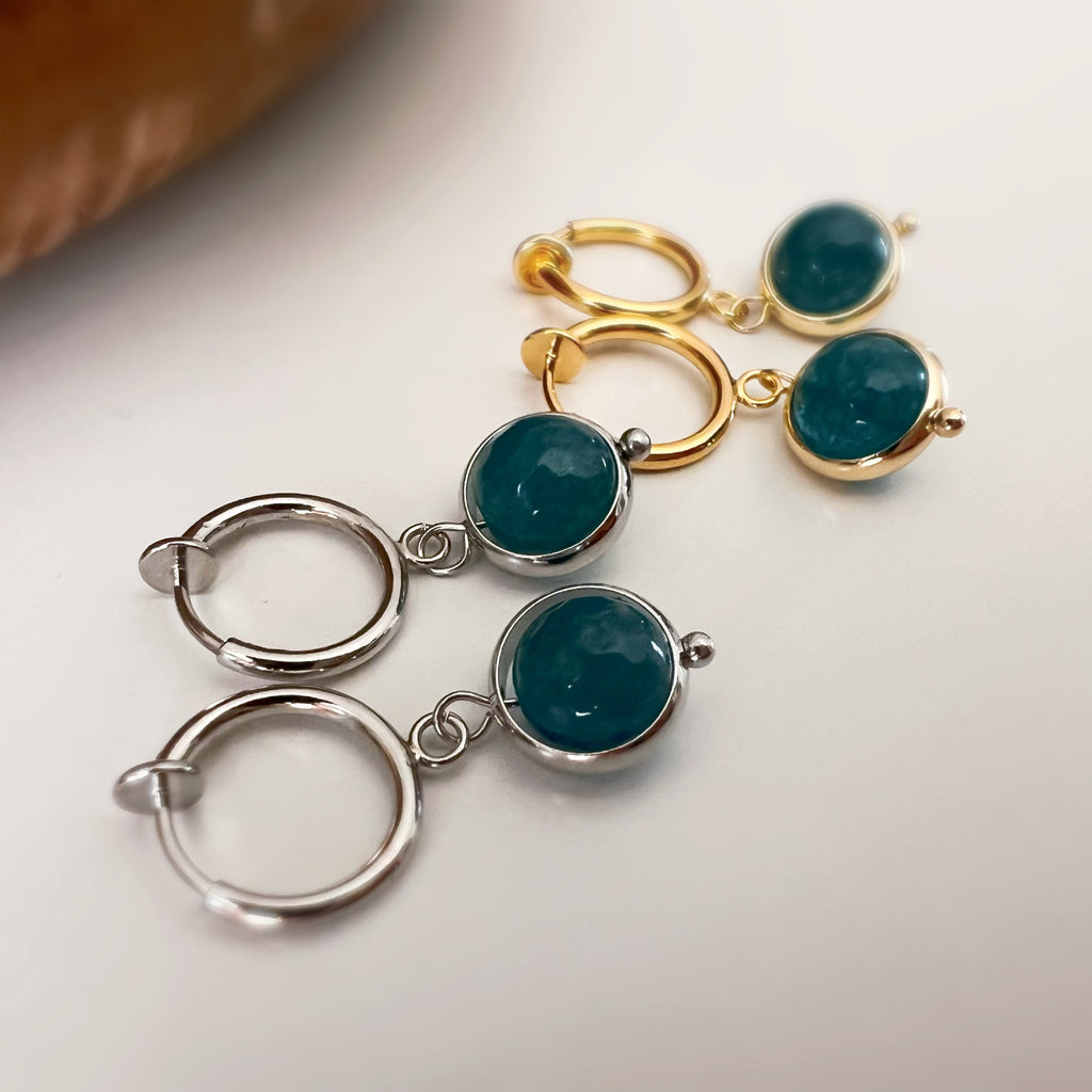 Clips créoles sans perçage avec pendentif bleu pétrole