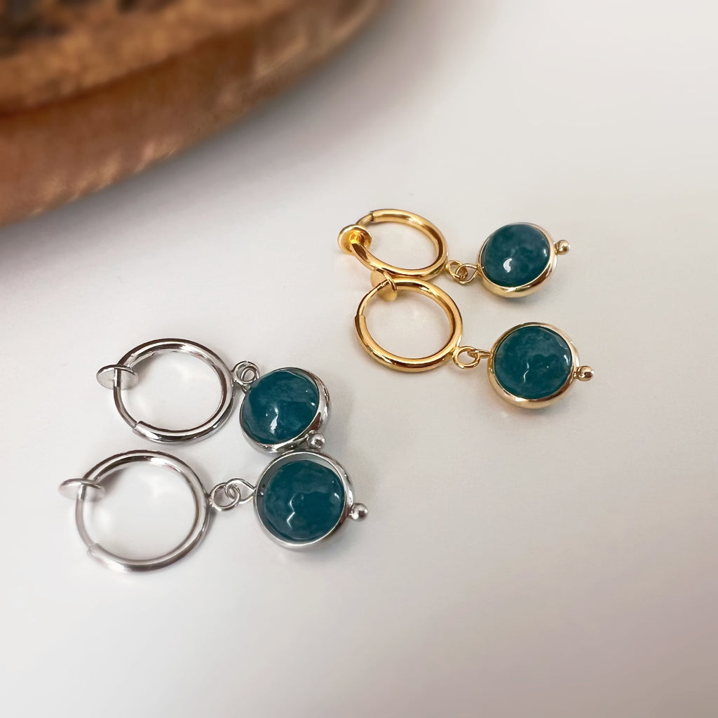 Clips créoles sans perçage avec pendentif bleu pétrole