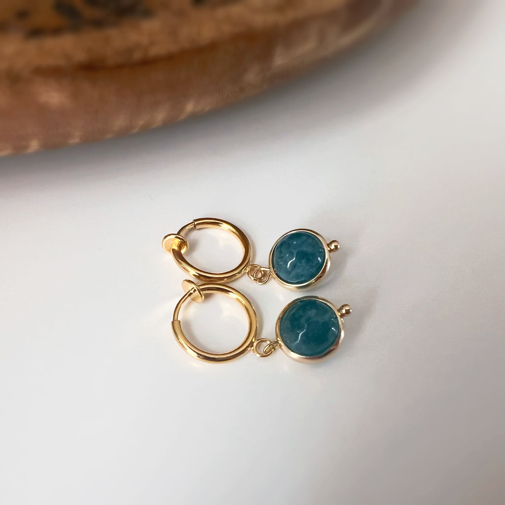 Clips créoles sans perçage avec pendentif bleu pétrole