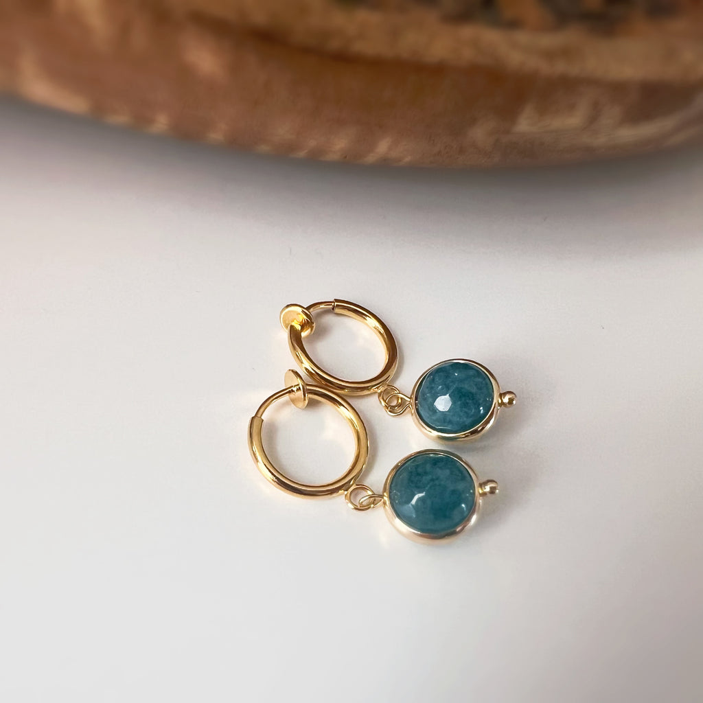 Clips créoles sans perçage avec pendentif bleu pétrole