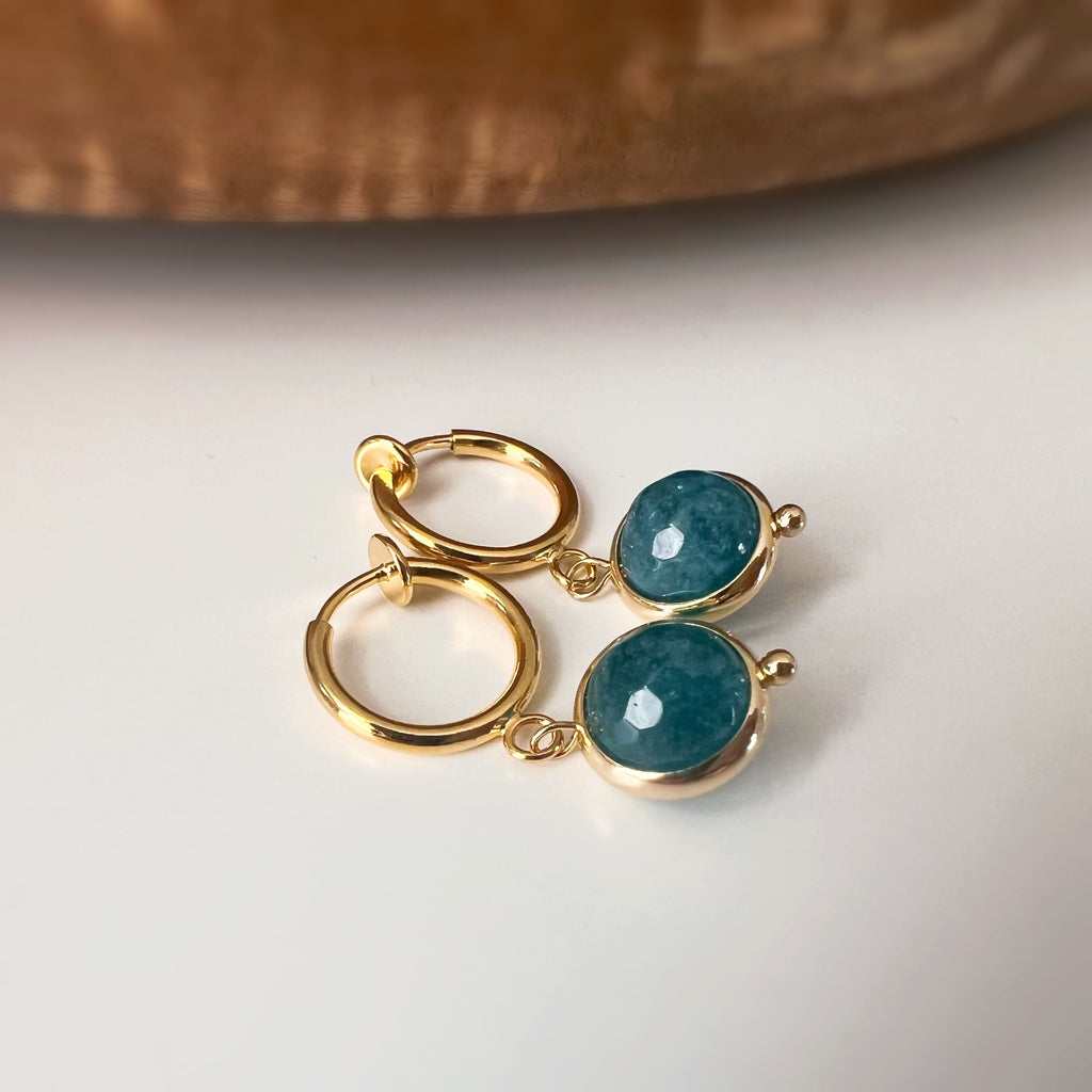Clips créoles sans perçage avec pendentif bleu pétrole