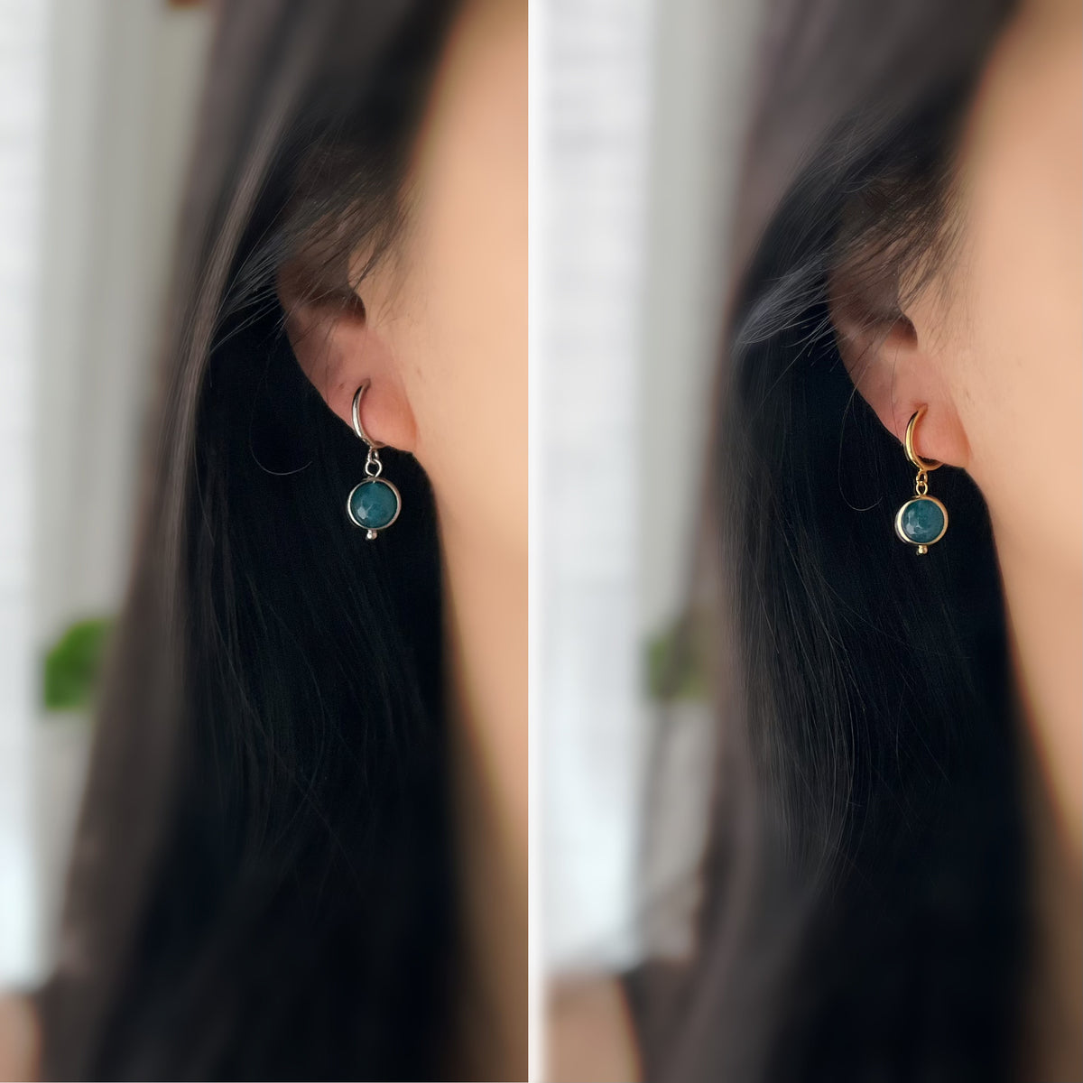 Clips créoles sans perçage avec pendentif bleu pétrole