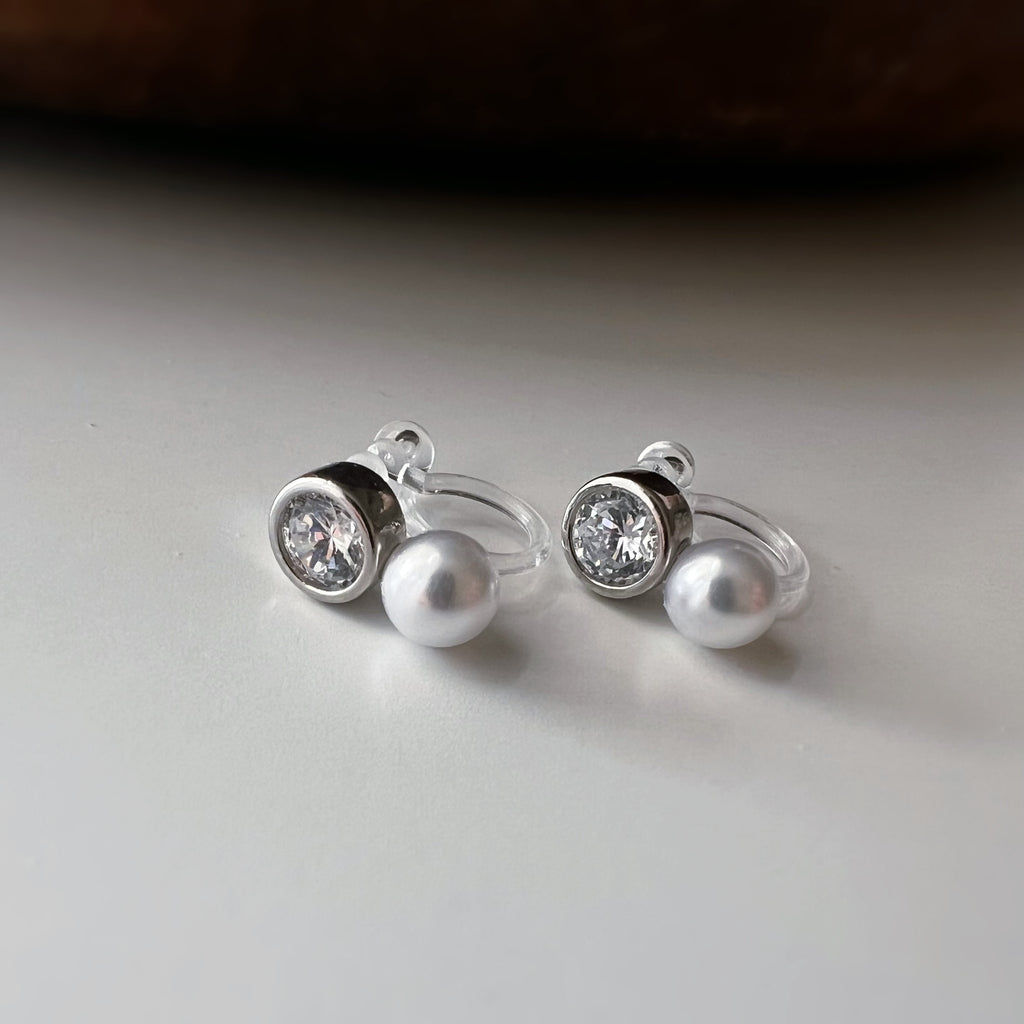 Mini Clips d’oreilles perle strass nacre blanche
