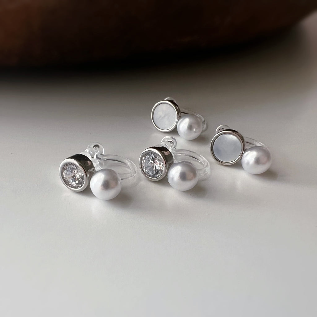 Mini Clips d’oreilles perle strass nacre blanche