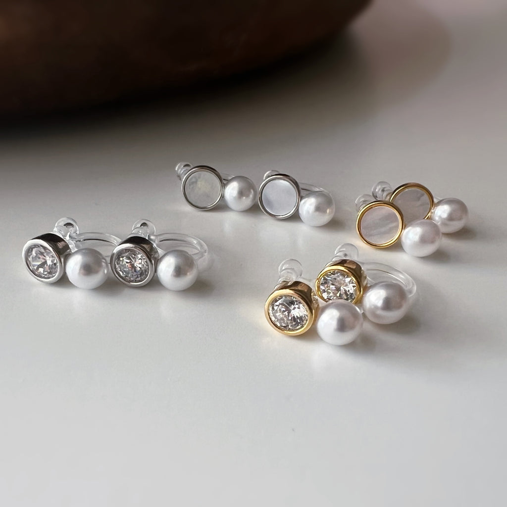 Mini Clips d’oreilles perle strass nacre blanche