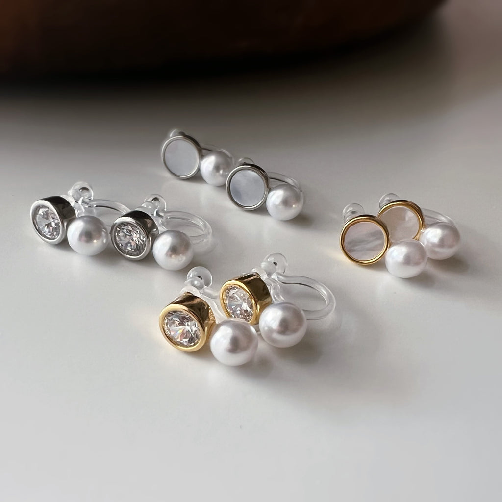 Mini Clips d’oreilles perle strass nacre blanche