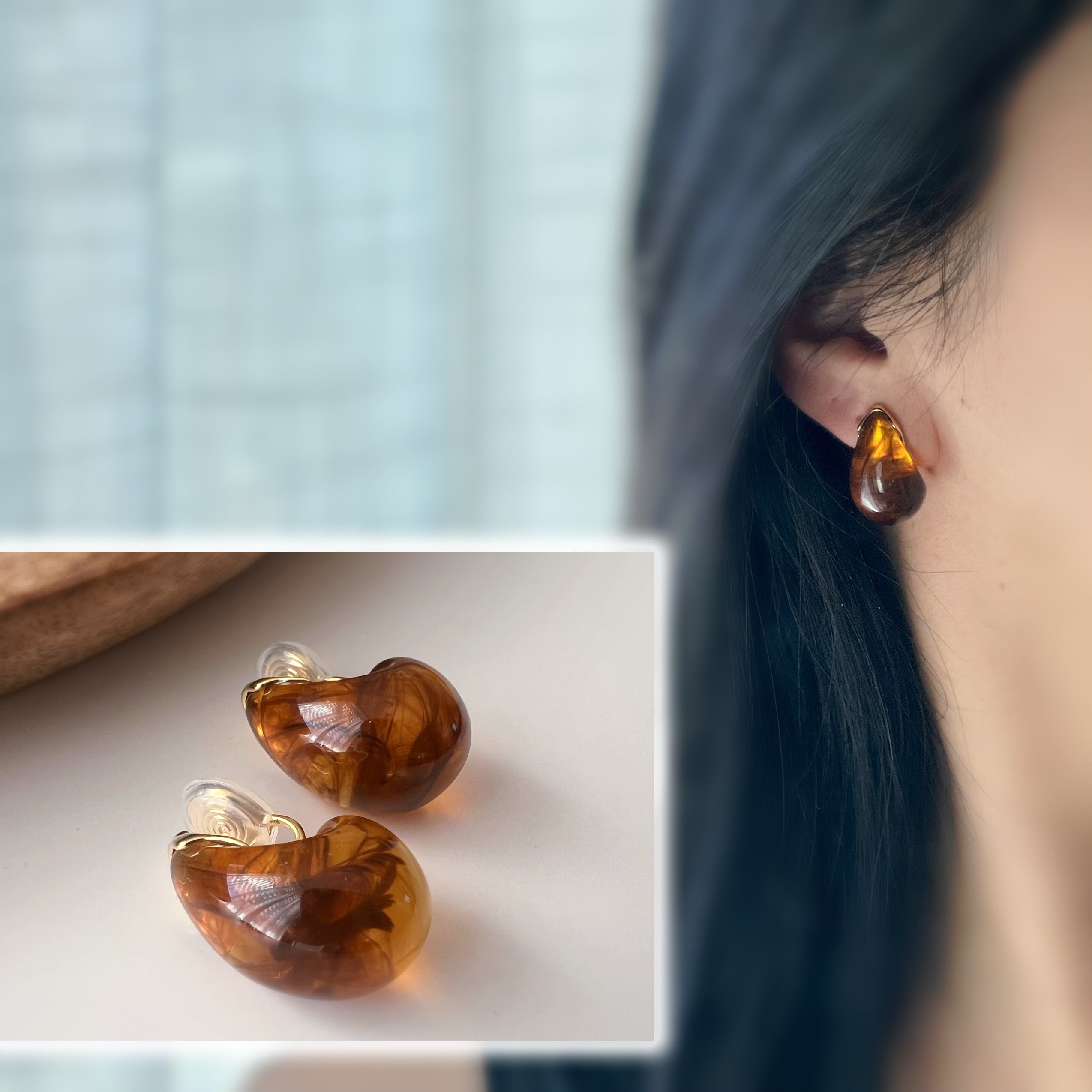 Résine Ambrée – Forme Courbe clips d’oreilles