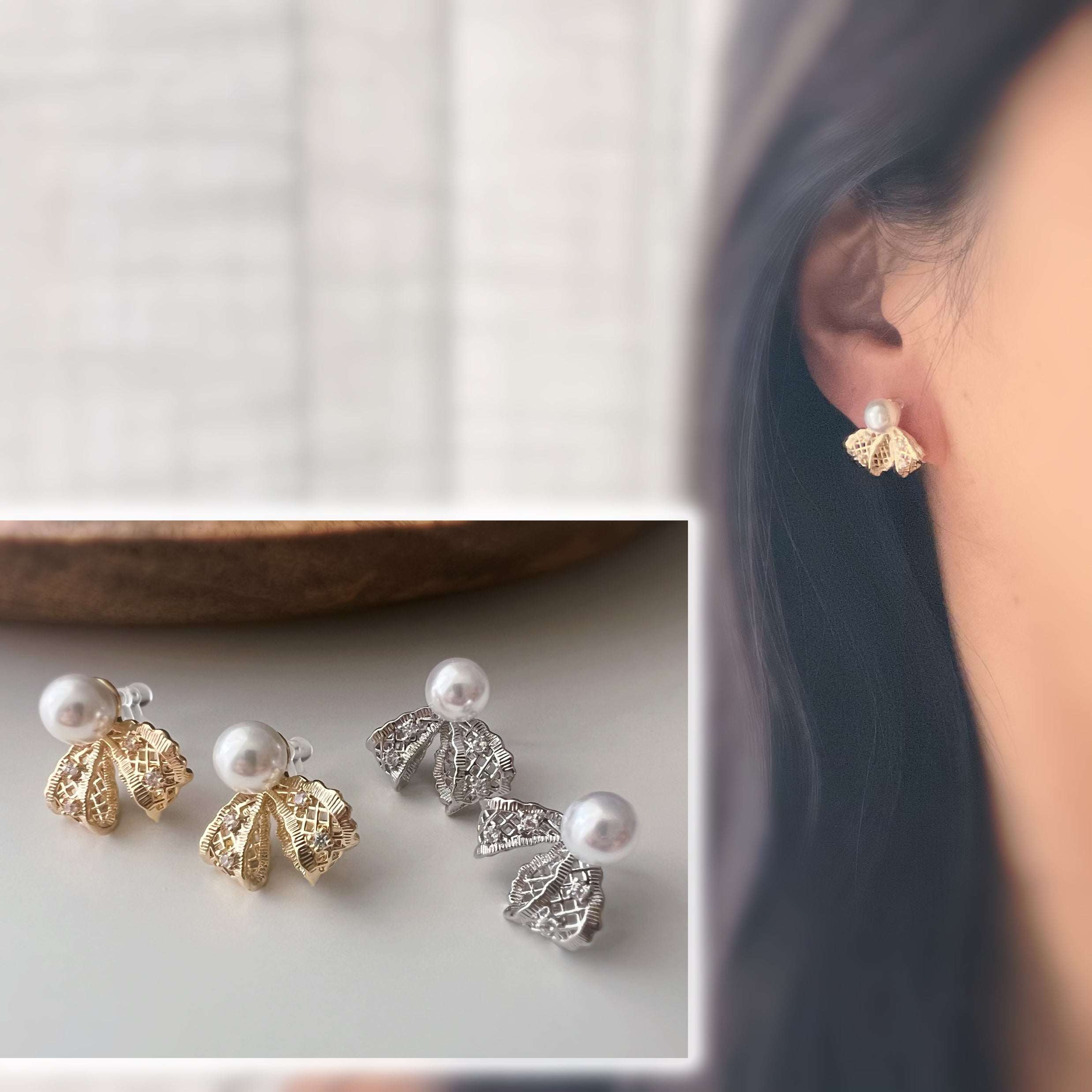 White Pearl Ribbon Clip Earrings