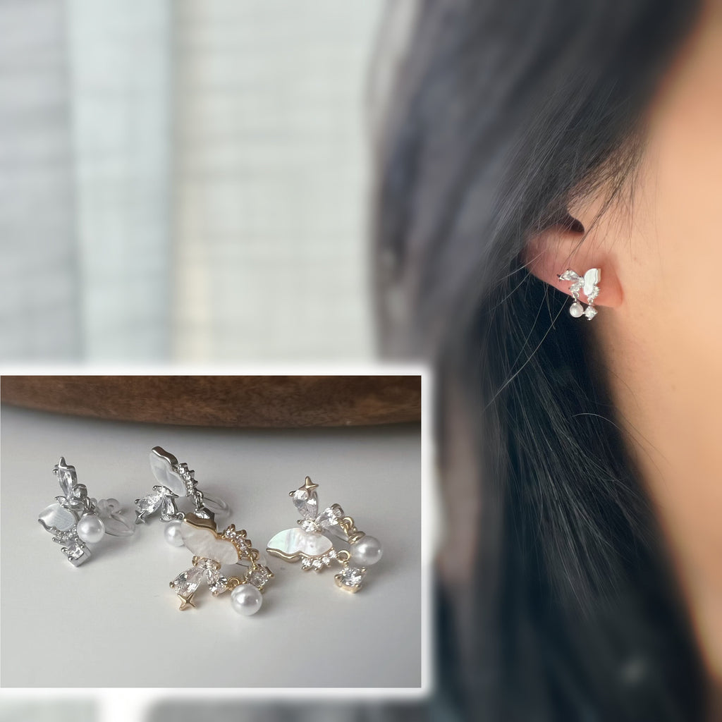 Clips d’oreilles papillon & étoiles nacrées