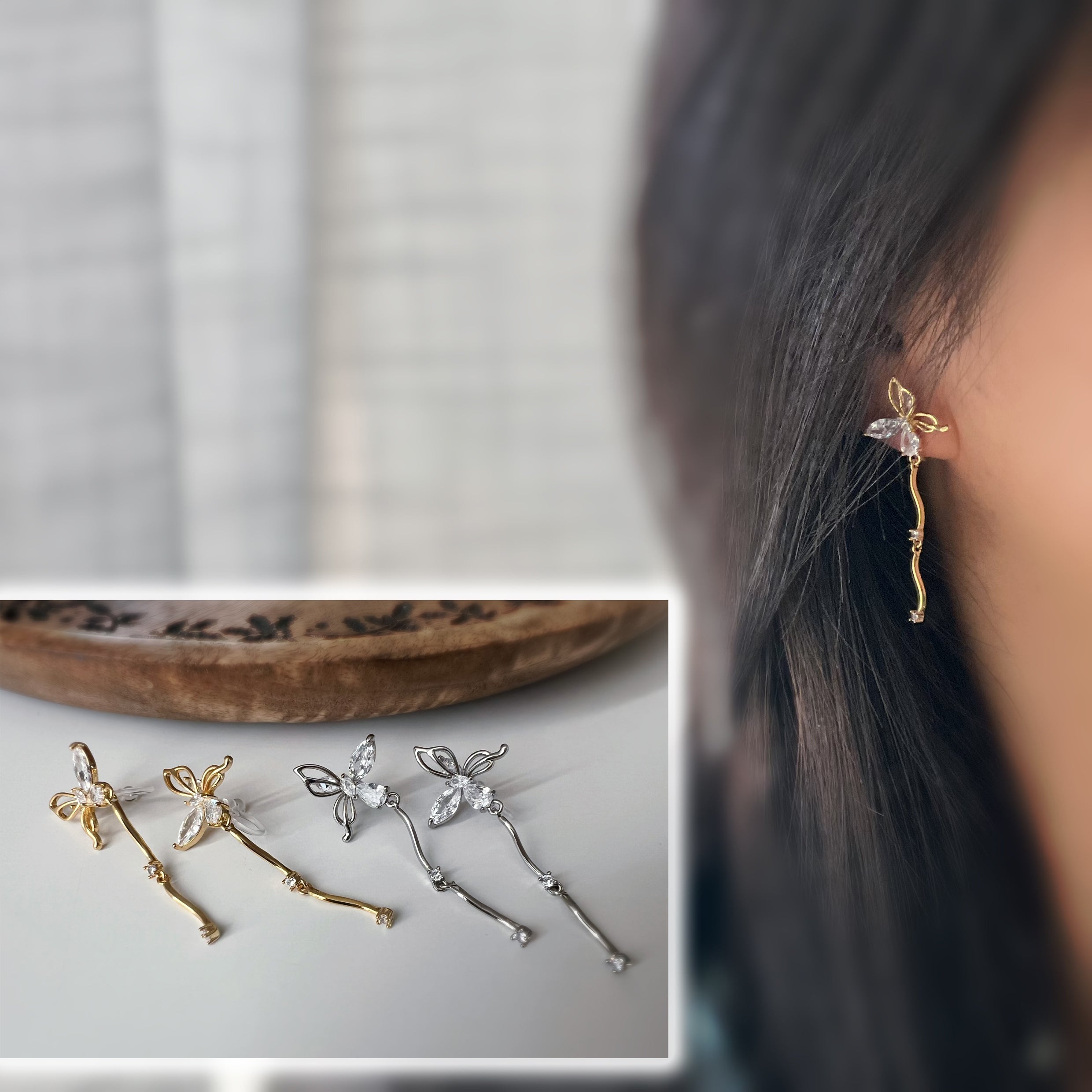 Dangling Butterfly Chain Clip Earrings