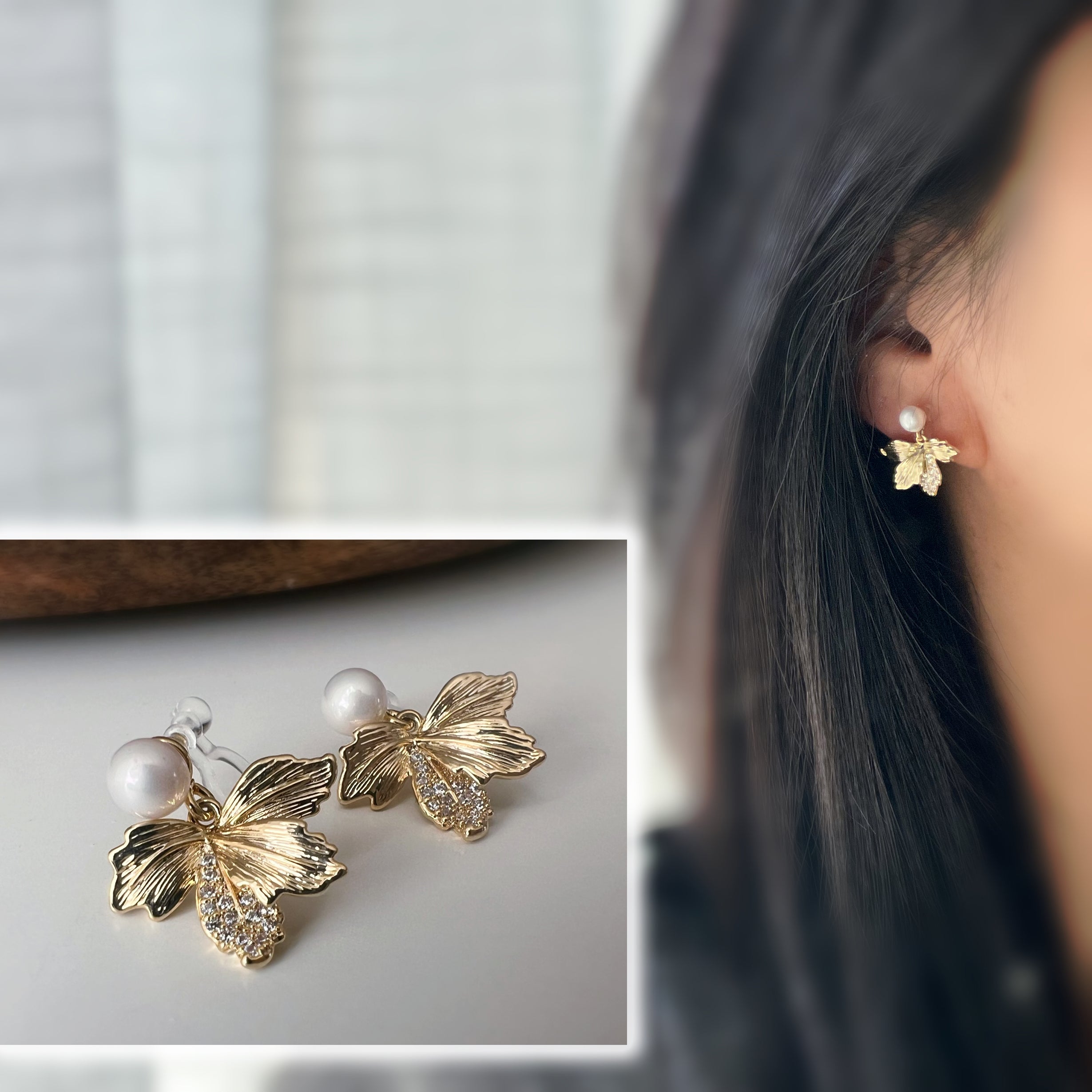 Clips d'oreilles feuille doré & perle blanche