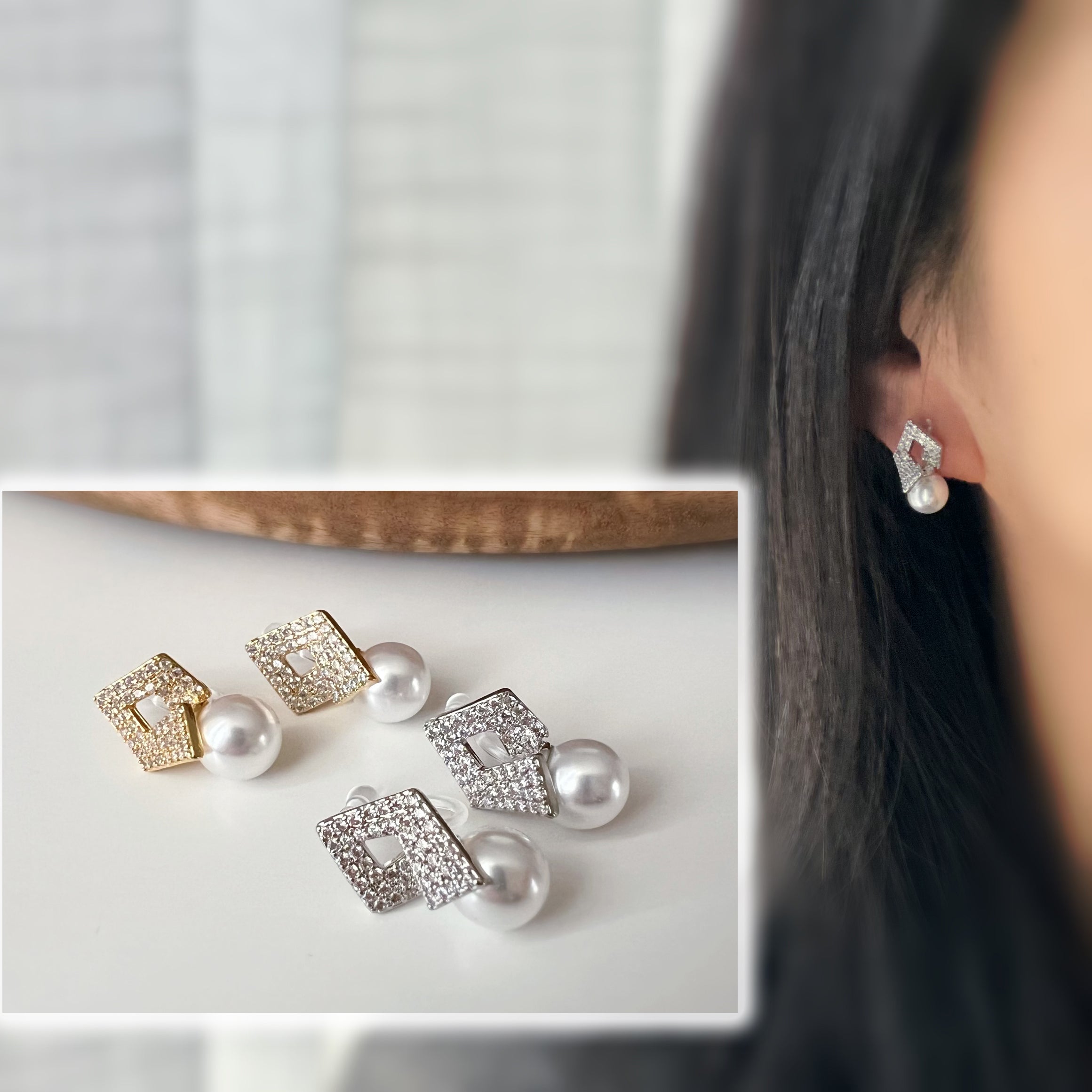 Clips d'oreilles Carré scintillant & perle élégante