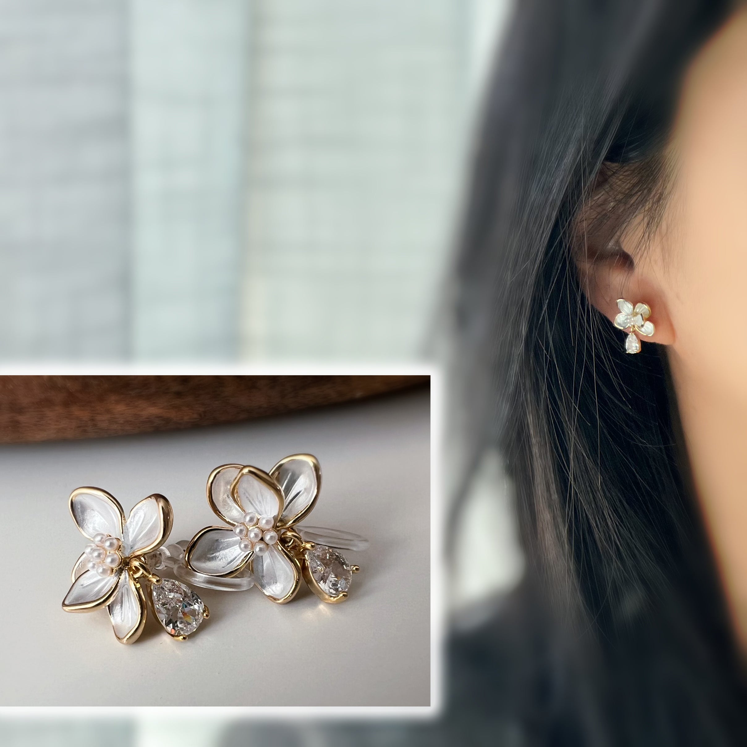 CLIPS d’oreilles Fleur Blanche & Goutte Zircon