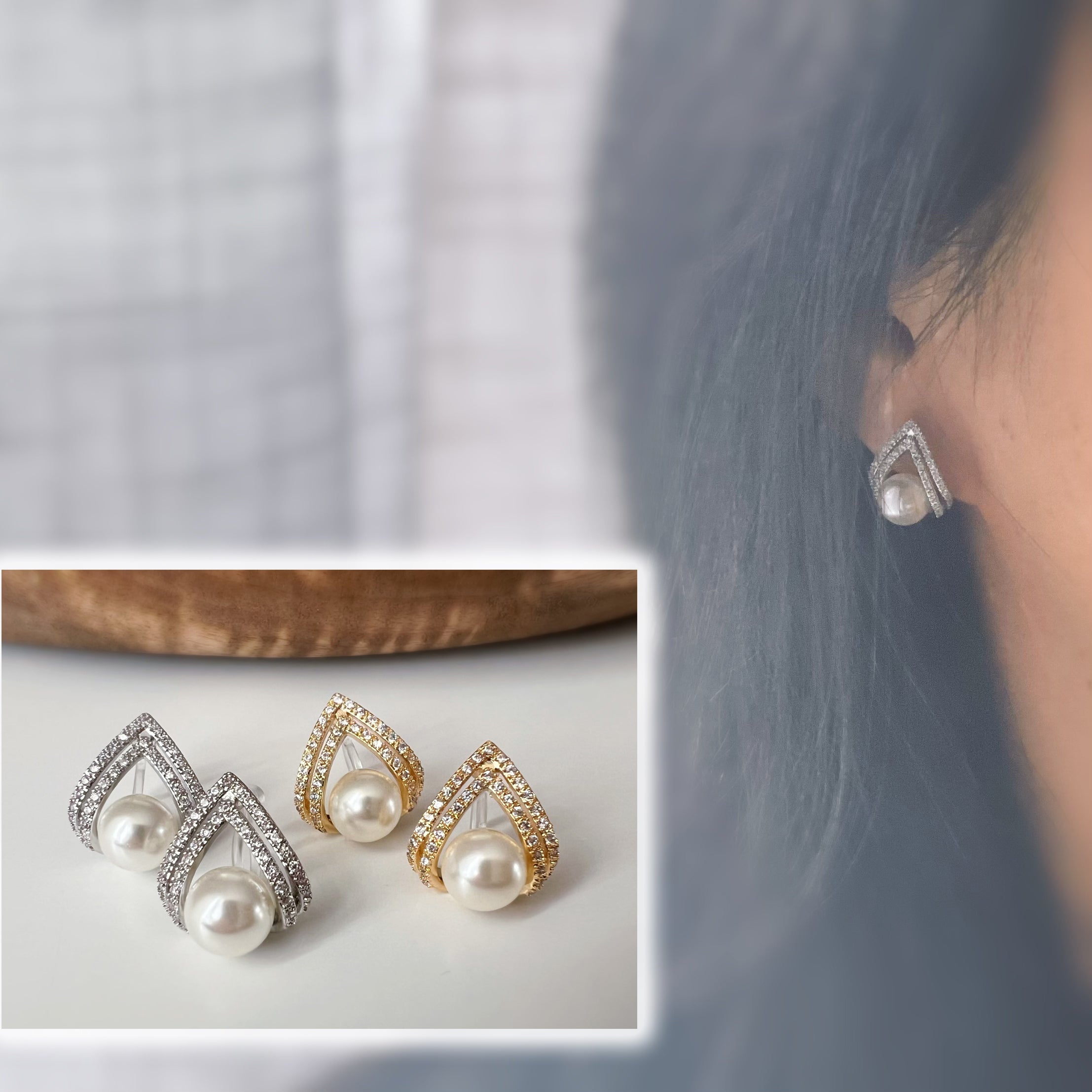 Clips d’oreilles goutte géométrique & perle
