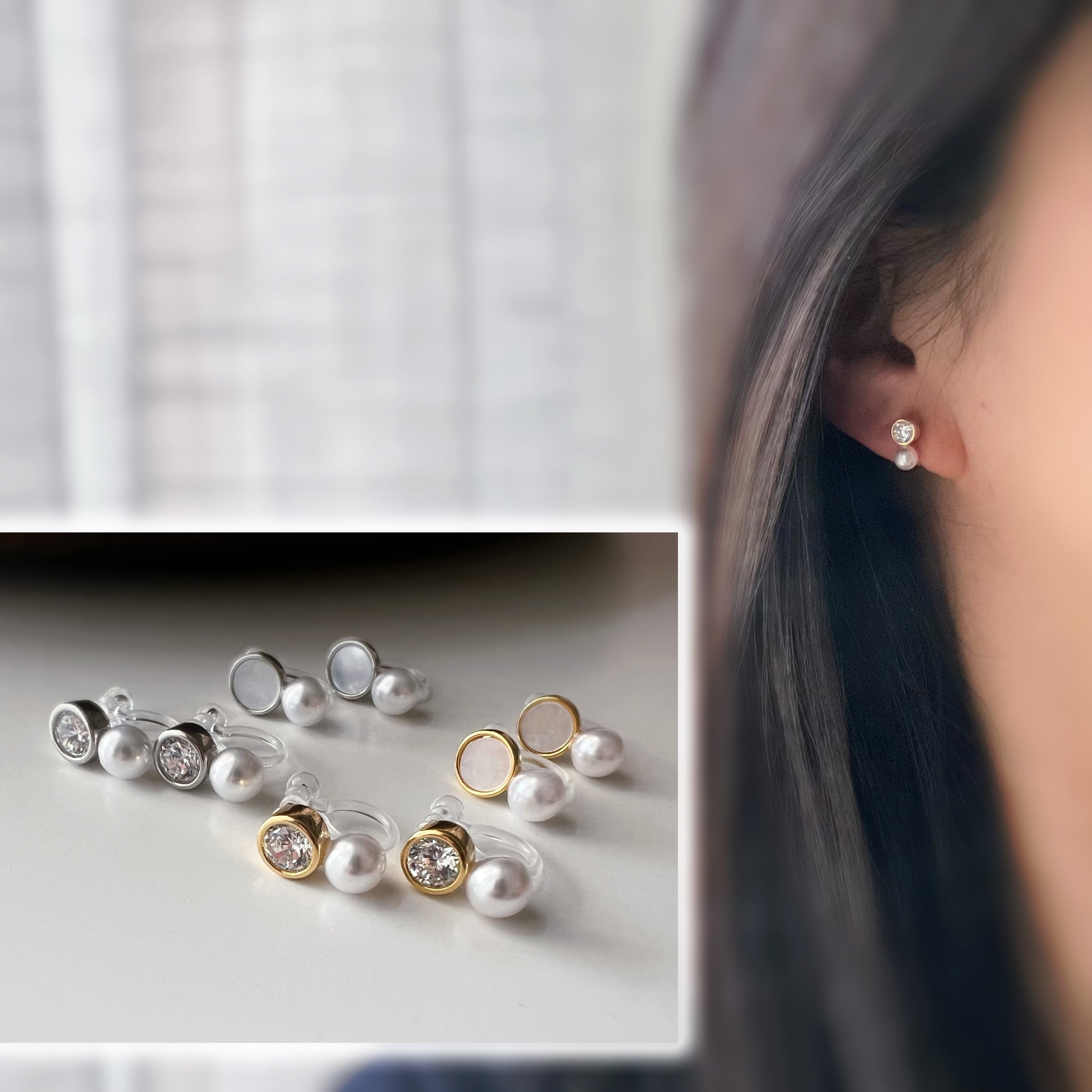 Mini white mother-of-pearl rhinestone pearl ear clips