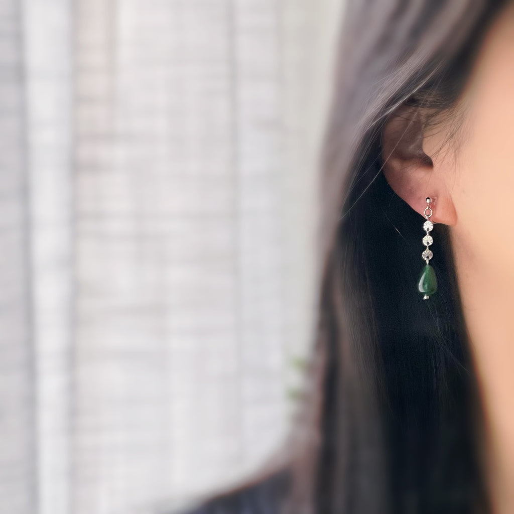 Clips d’oreilles goutte verte Chaîne couleur argent