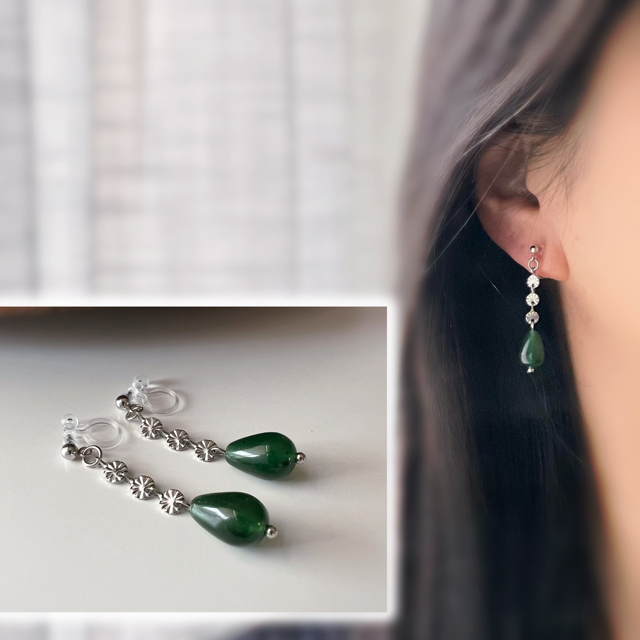 Silver-tone green drop clip-on earrings