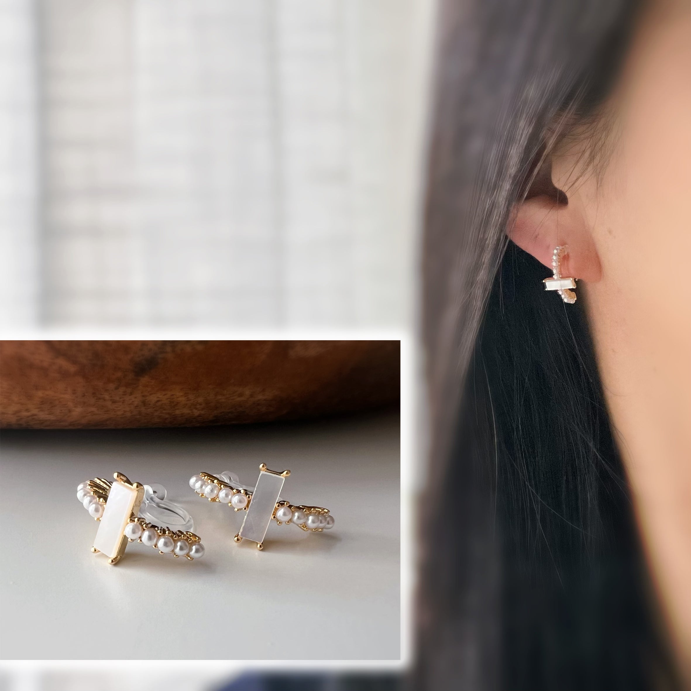 Clips d’oreilles mini perles et barre nacrée