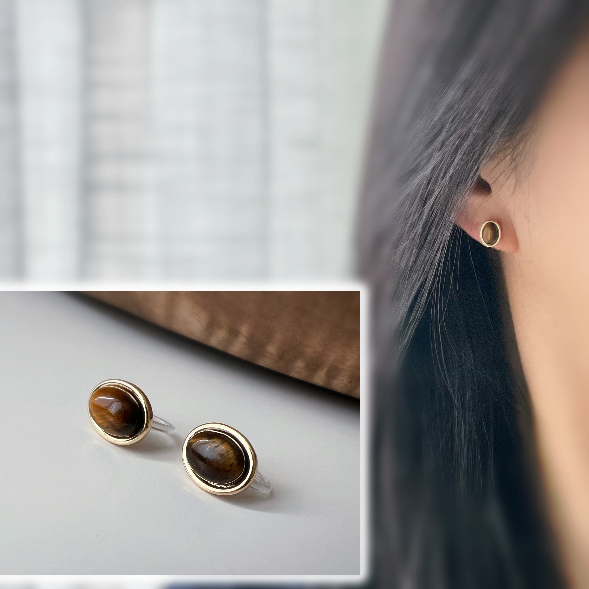 Clips d’oreilles pierre œil de tigre ovale