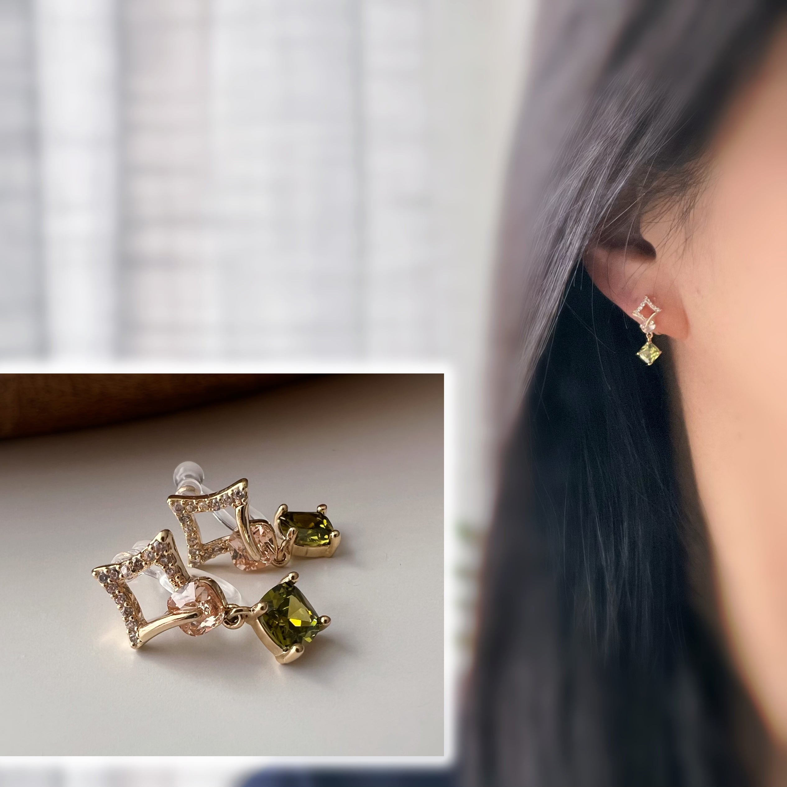 Clips d’oreilles carré avec pierre vert olive pendante