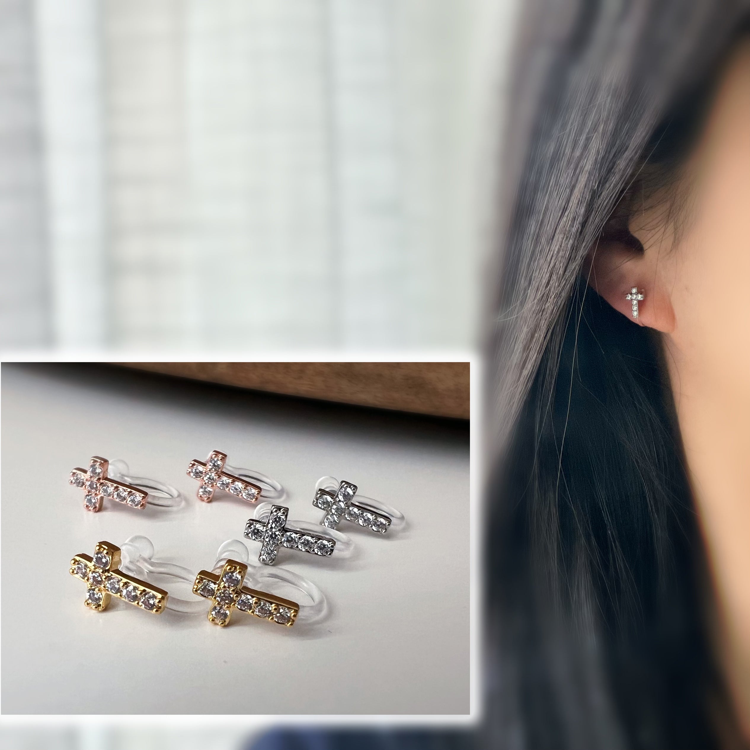 Clips d’oreilles croix avec zircons Style minimaliste
