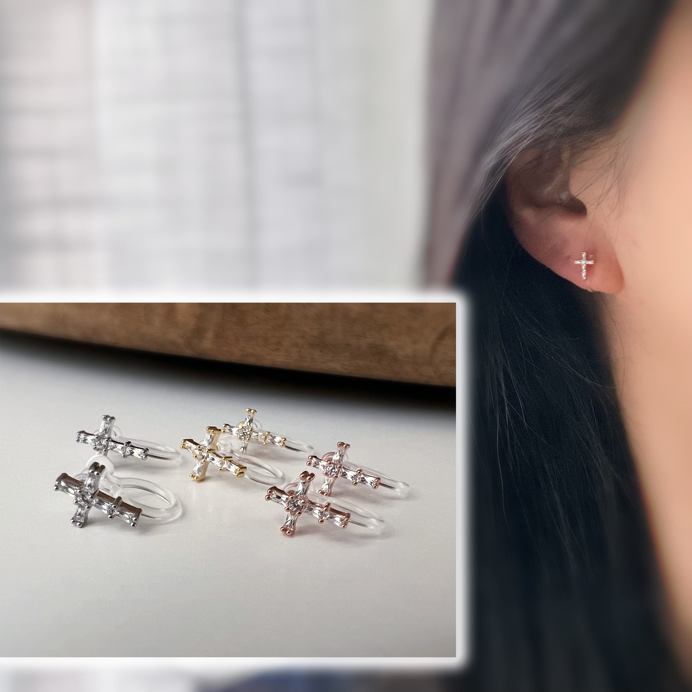Fine rhinestone cross non-pierced ear cuffs