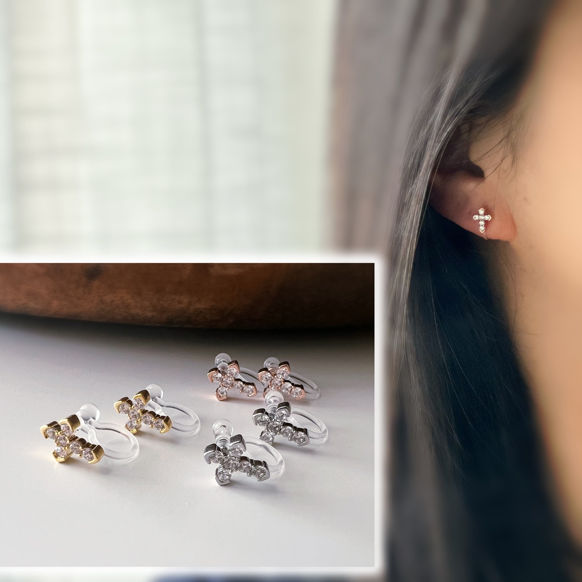 Rhinestone cross ear clips, silver, gold or rose gold colour