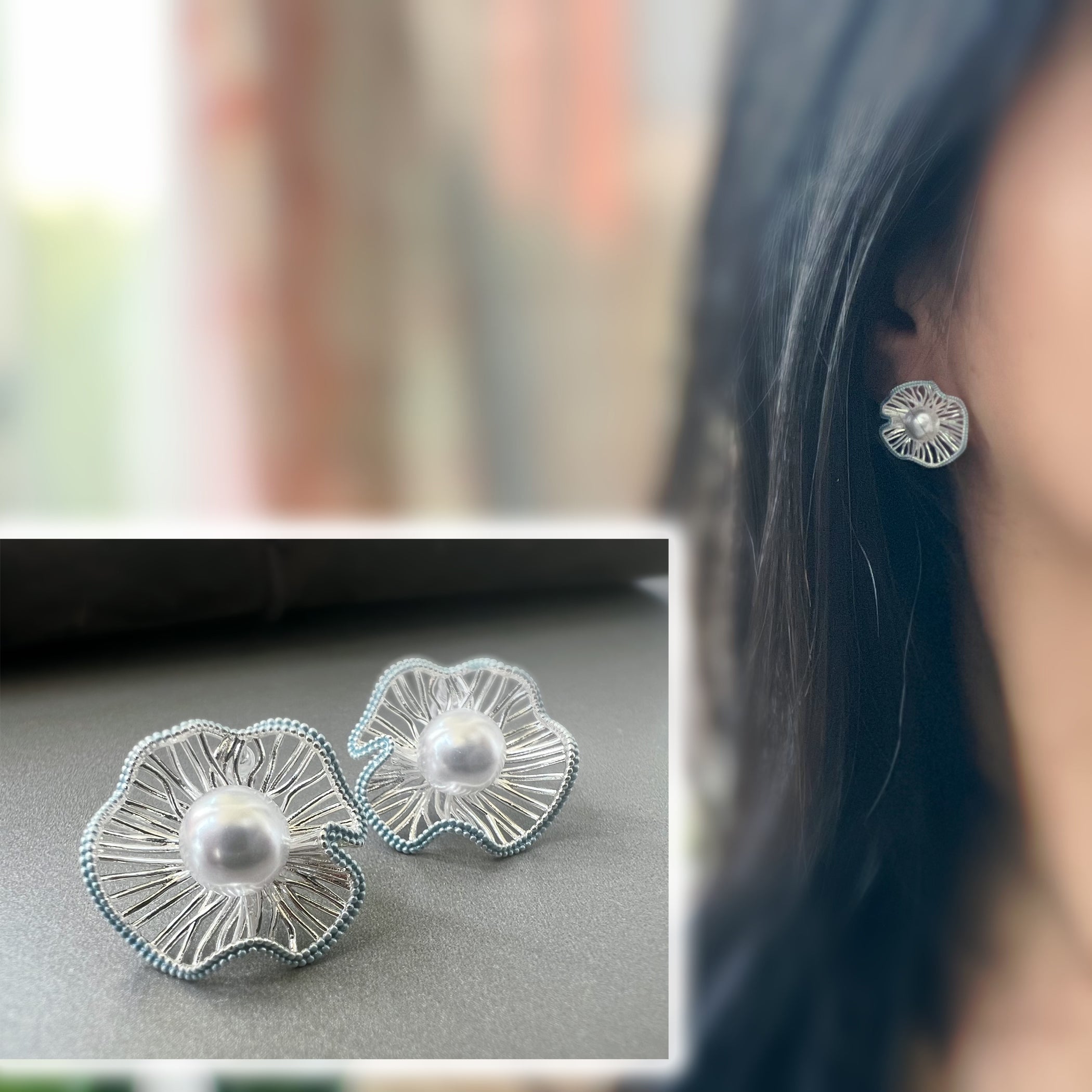 Clips d’oreilles fleur sculptée & perle centrale