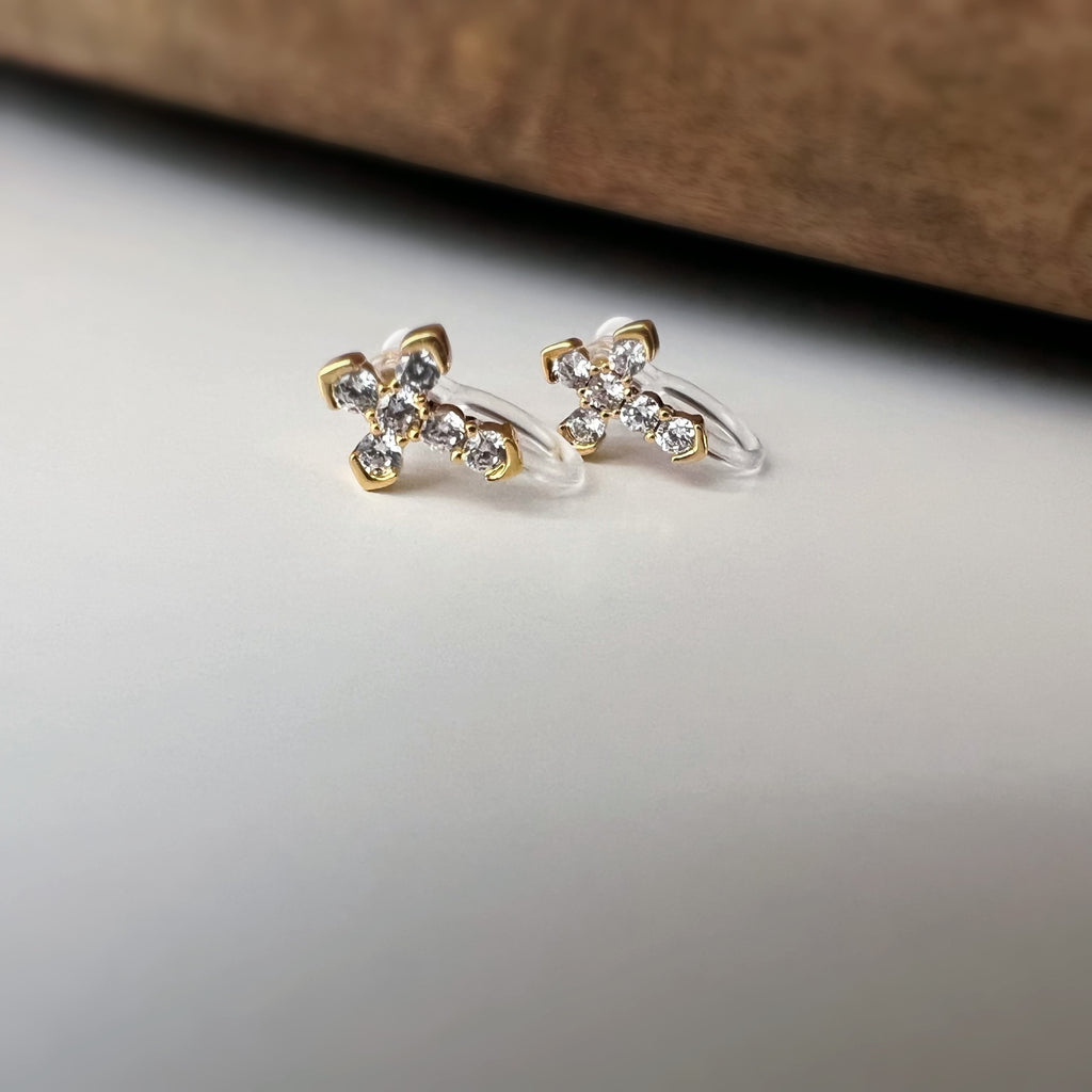 Clips d’oreilles croix strass, couleur or argent ou or rose