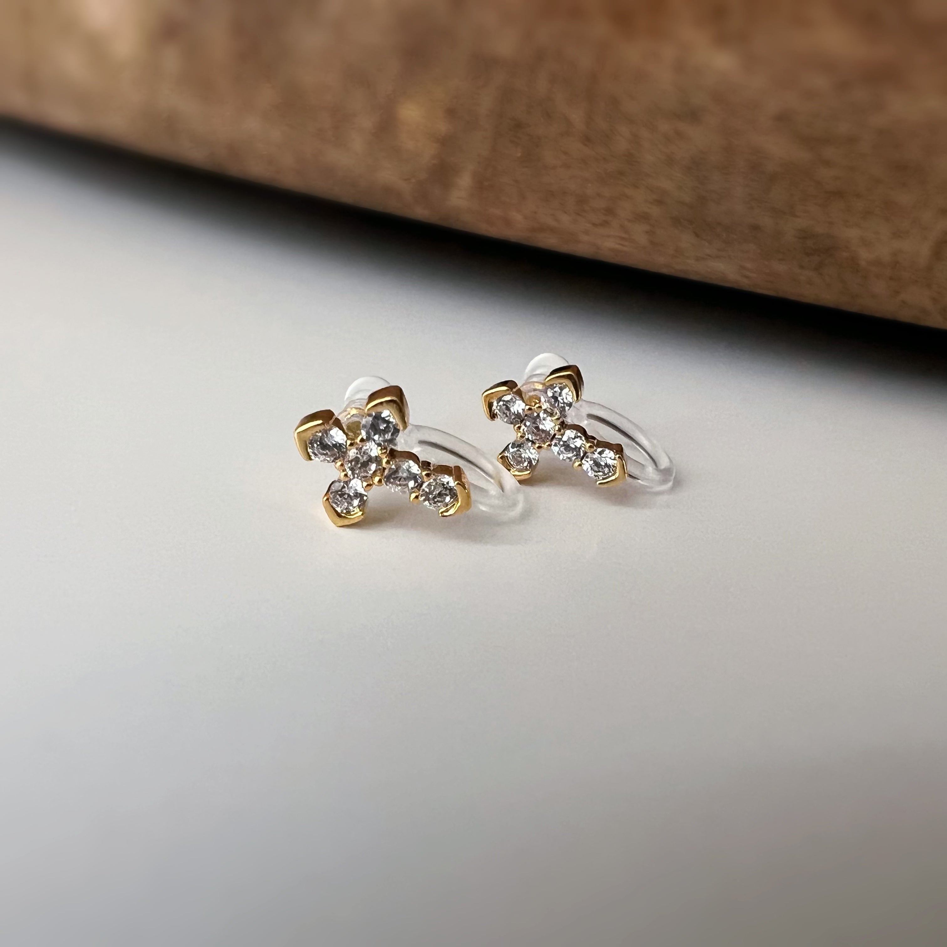 Rhinestone cross ear clips, silver, gold or rose gold colour