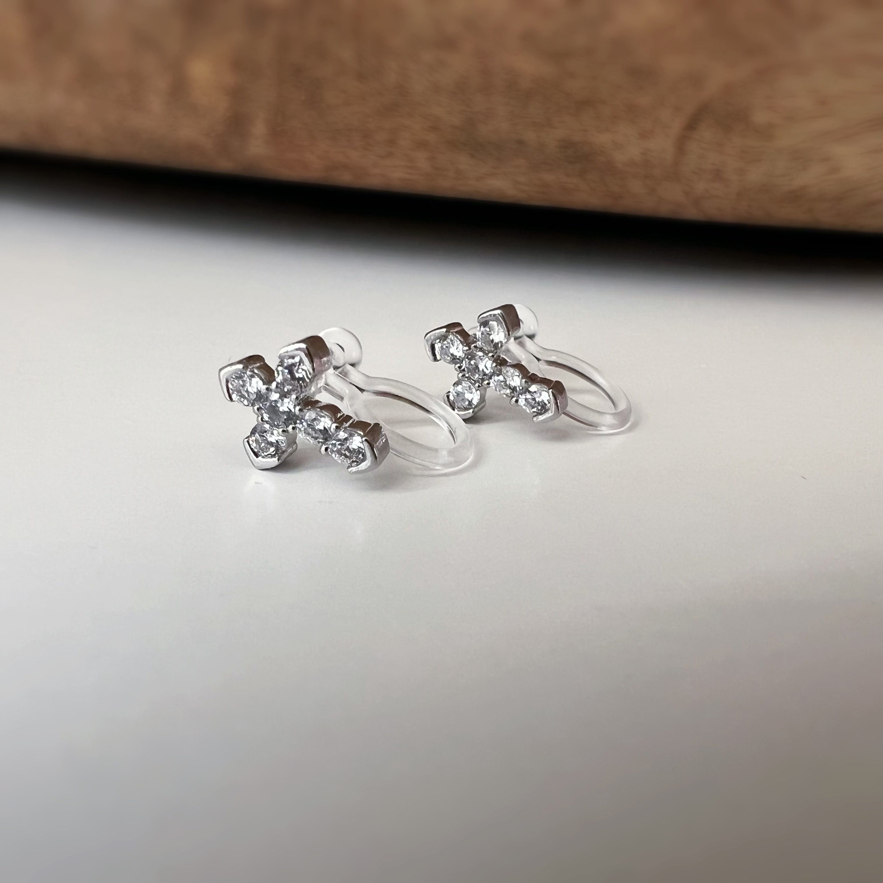 Rhinestone cross ear clips, silver, gold or rose gold colour