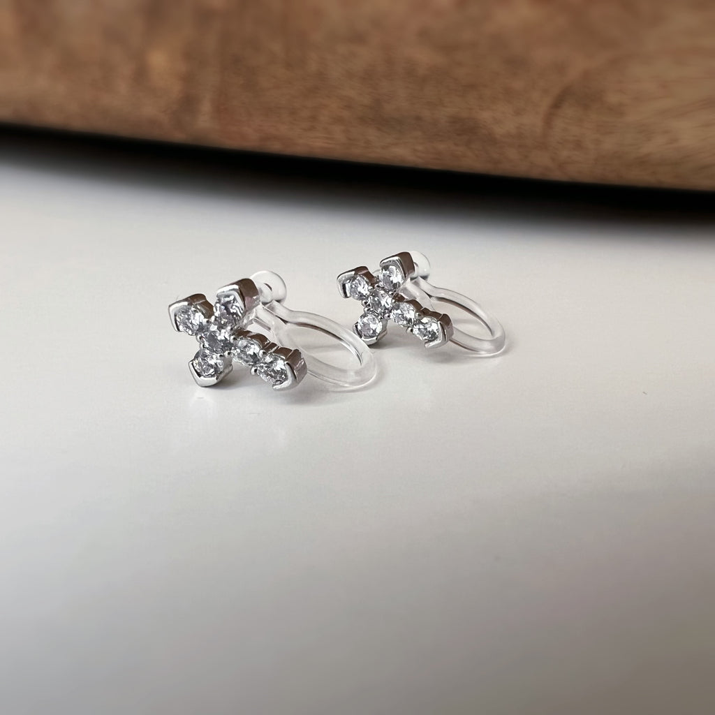 Clips d’oreilles croix strass, couleur or argent ou or rose