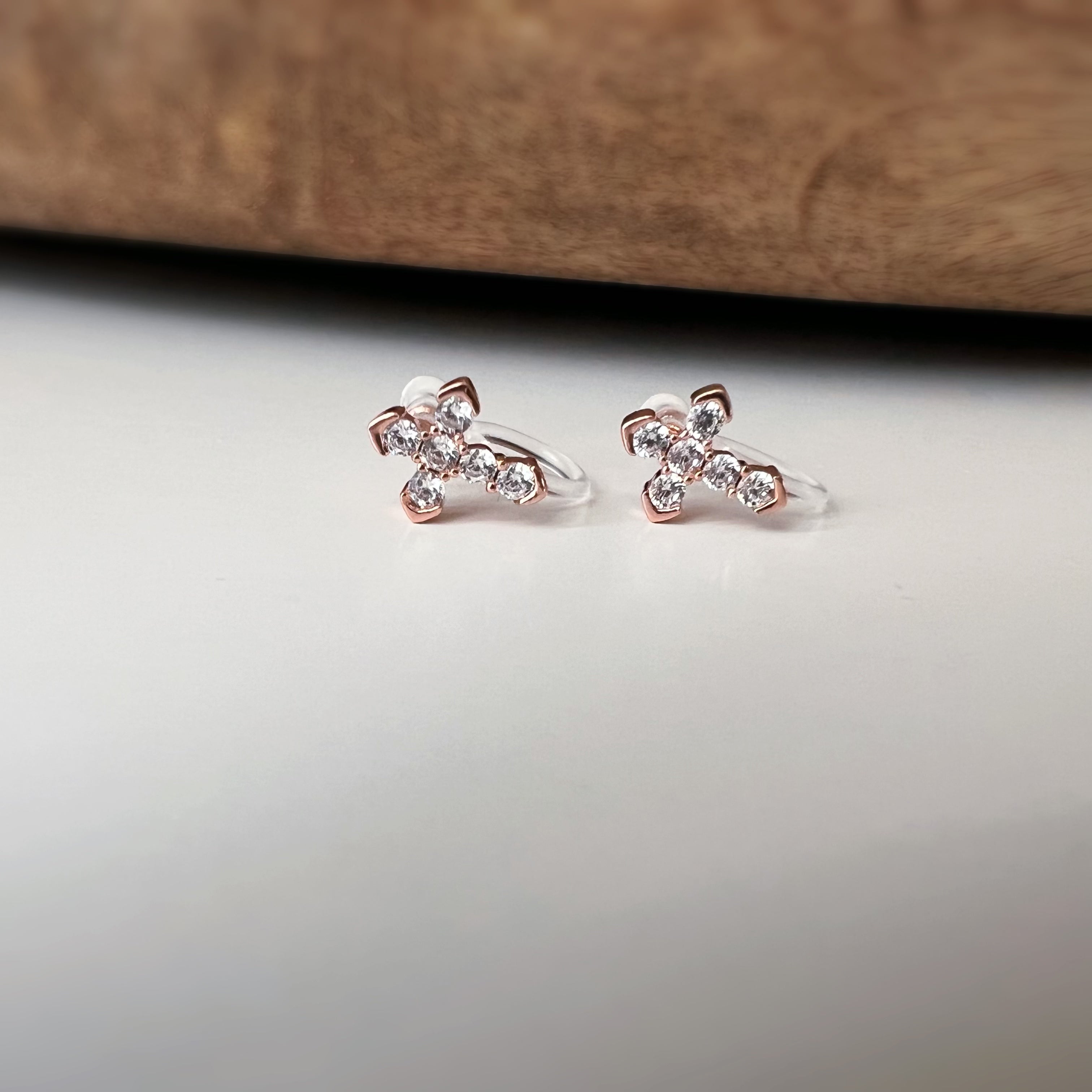 Rhinestone cross ear clips, silver, gold or rose gold colour