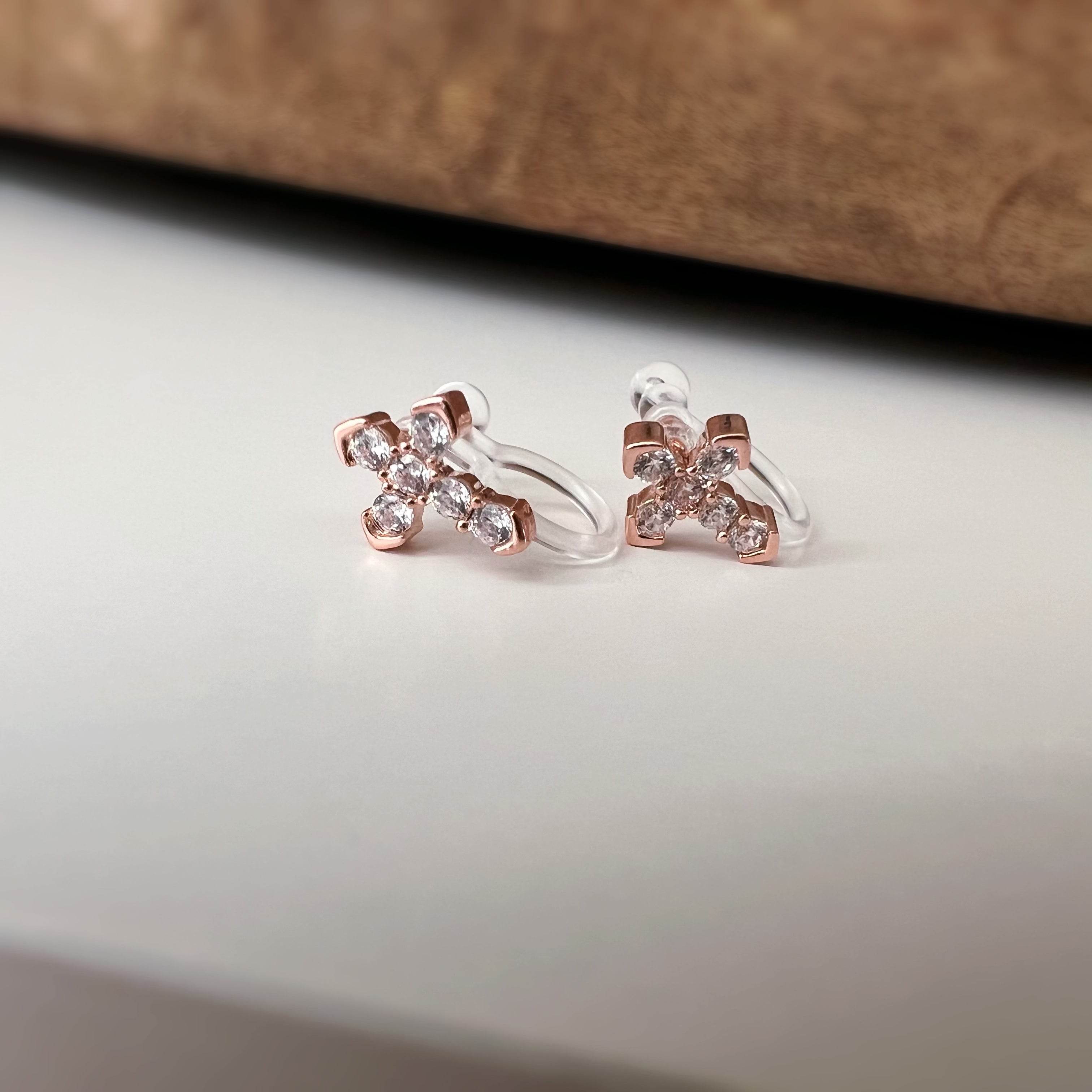 Rhinestone cross ear clips, silver, gold or rose gold colour