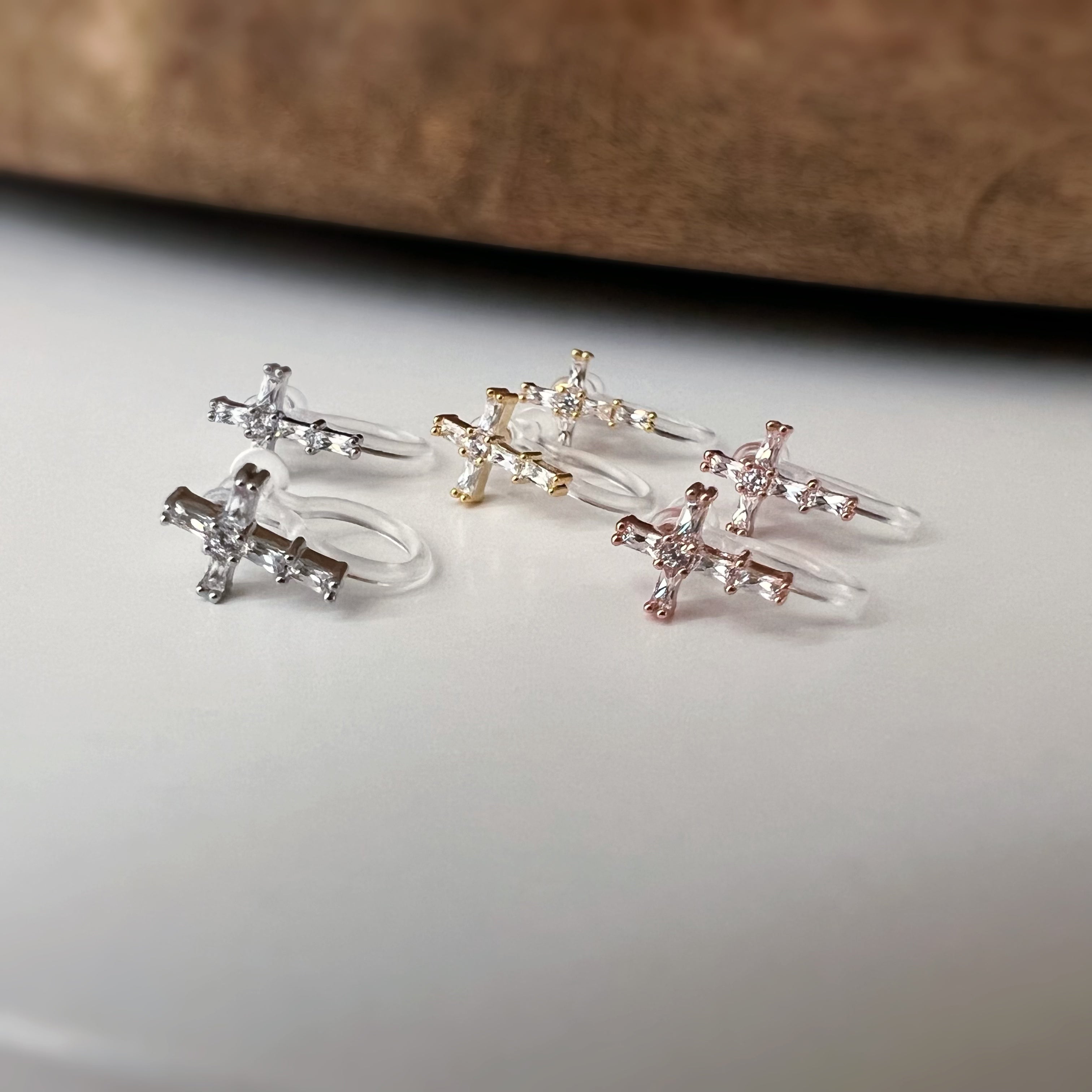Fine rhinestone cross non-pierced ear cuffs