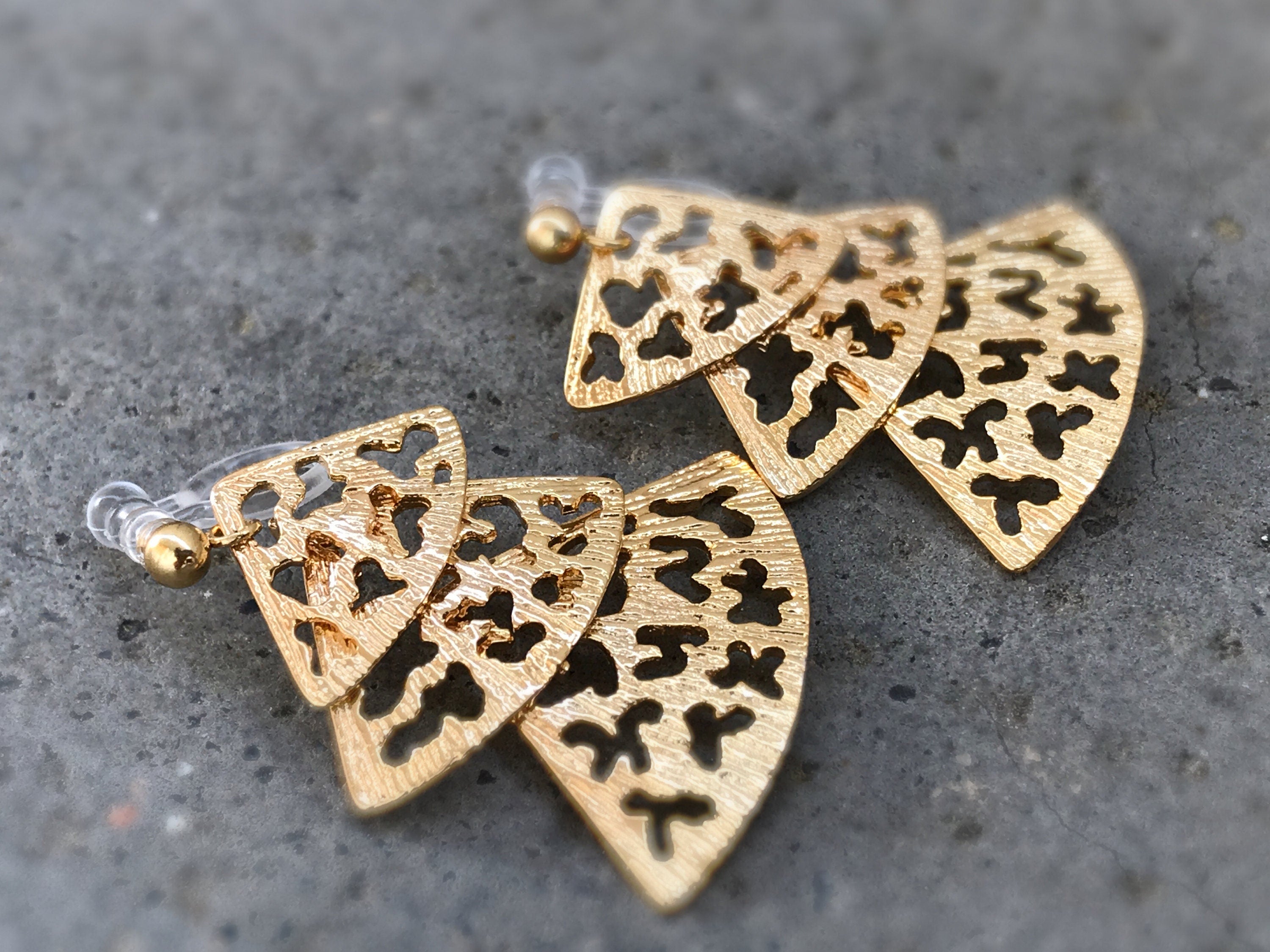 Fan Clip On Earrings, 3 Fans Gold plated, 3 Triangles. Non Pierced Earrings, Invisible Clip On Earrings, Pierced Look. 