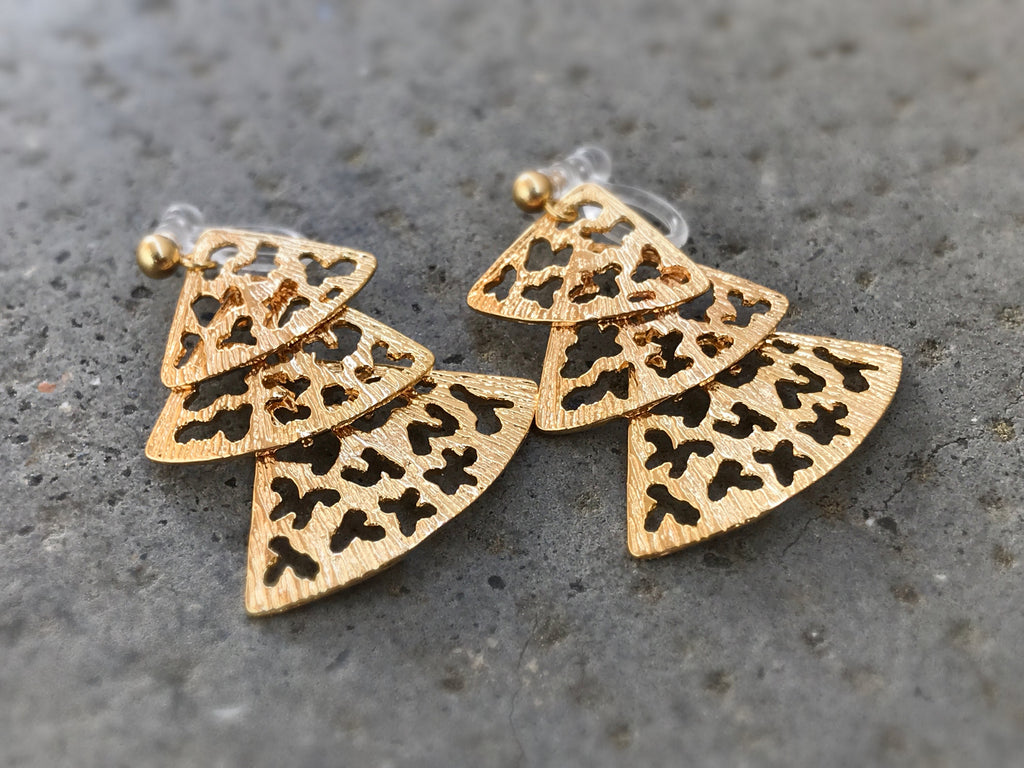 Fan Clip On Earrings, 3 Fans Gold plated, 3 Triangles. Non Pierced Earrings, Invisible Clip On Earrings, Pierced Look. 