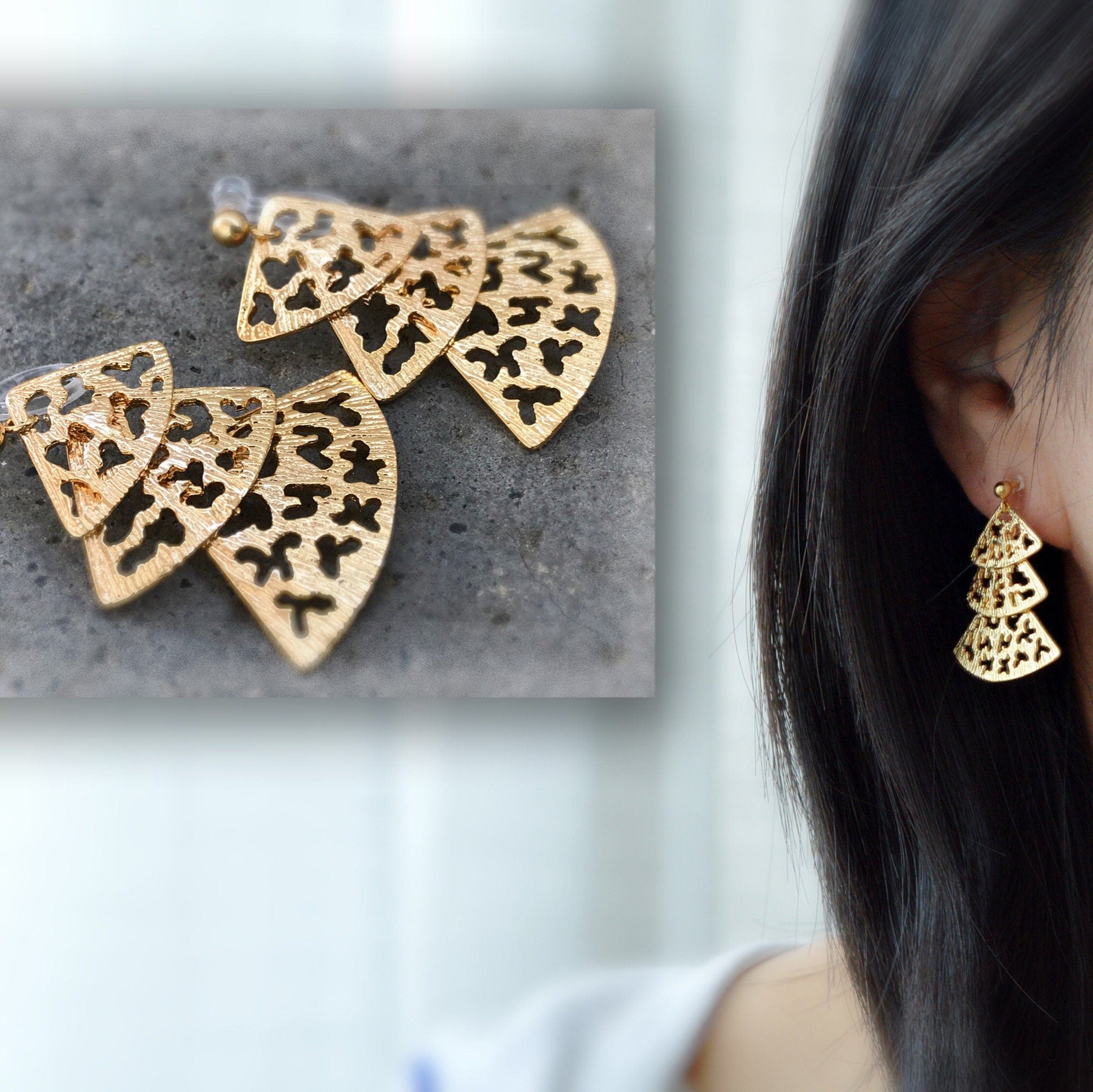 Fan Clip On Earrings, 3 Fans Gold plated, 3 Triangles. Non Pierced Earrings, Invisible Clip On Earrings, Pierced Look. 