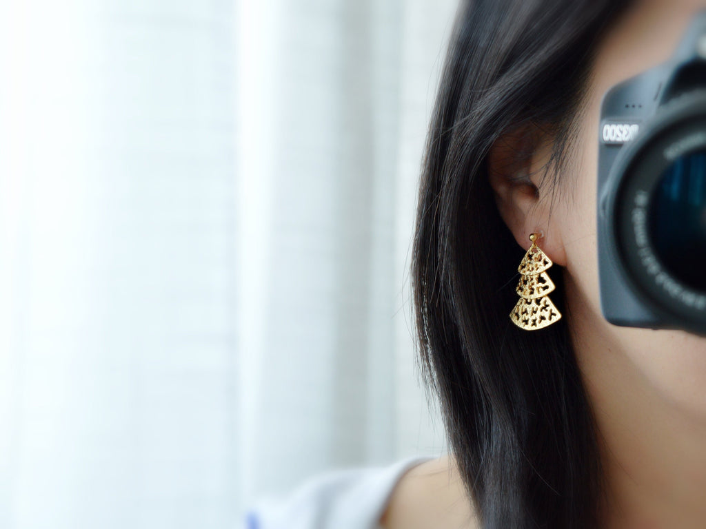 Fan Clip On Earrings, 3 Fans Gold plated, 3 Triangles. Non Pierced Earrings, Invisible Clip On Earrings, Pierced Look. 