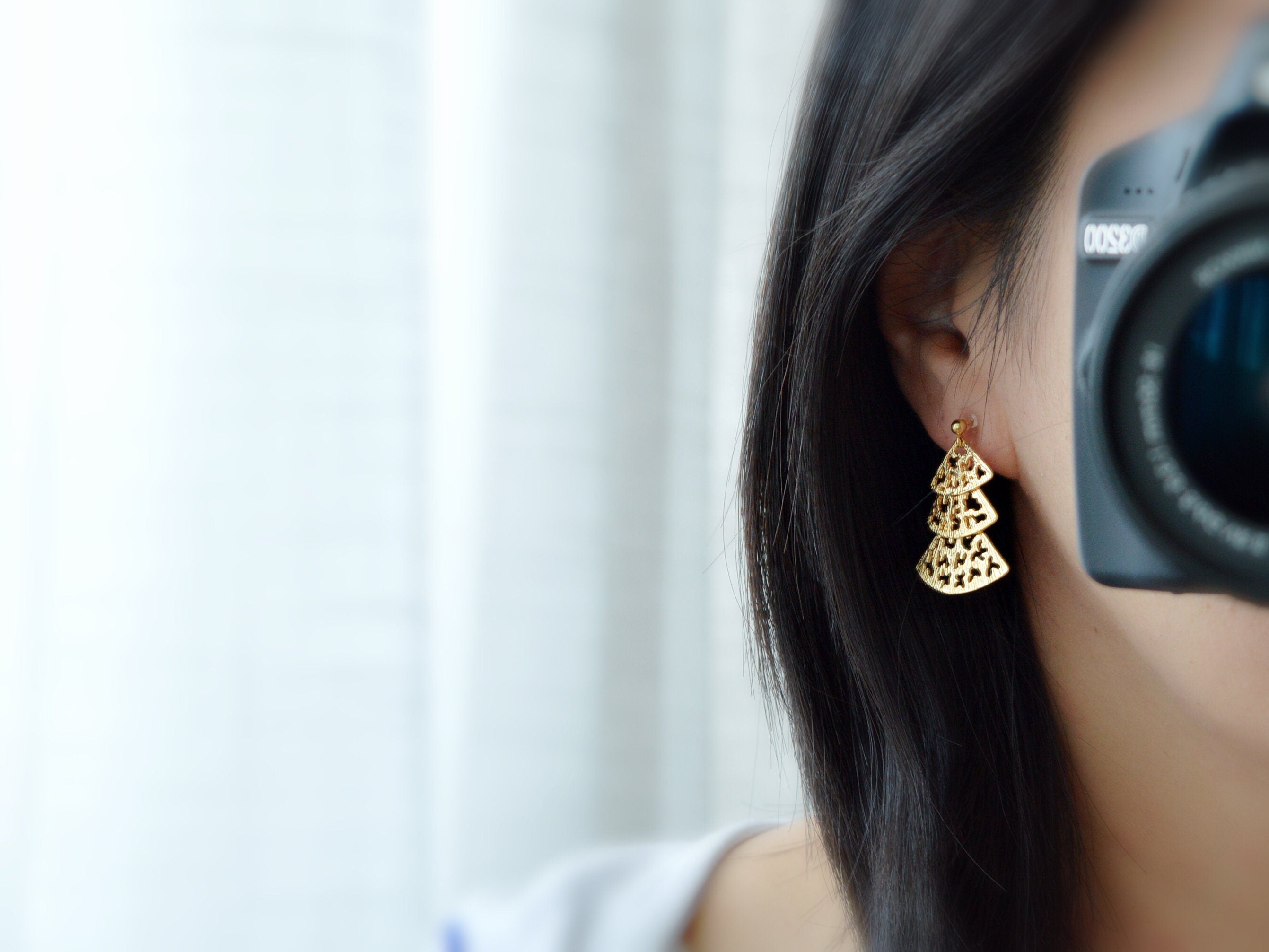 Fan Clip On Earrings, 3 Fans Gold plated, 3 Triangles. Non Pierced Earrings, Invisible Clip On Earrings, Pierced Look. 