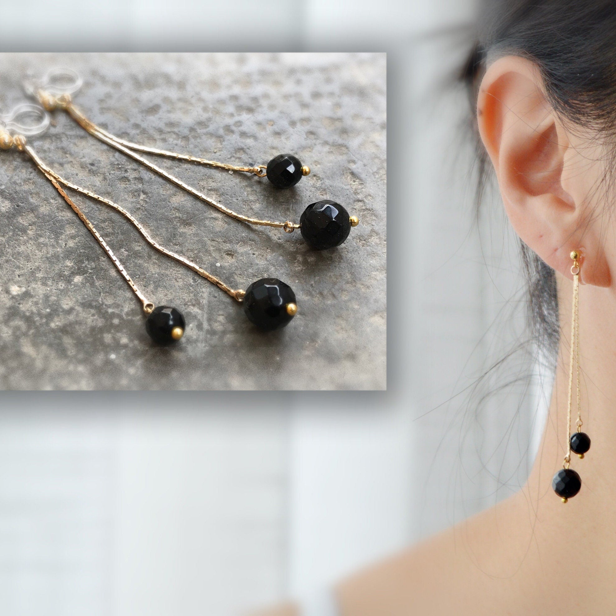 Longues Boucles d'oreilles CLIPS INVISIBLES pendantes chaîne serpent 18K plaqué d'or, Double Perles agates noires, perle facette.