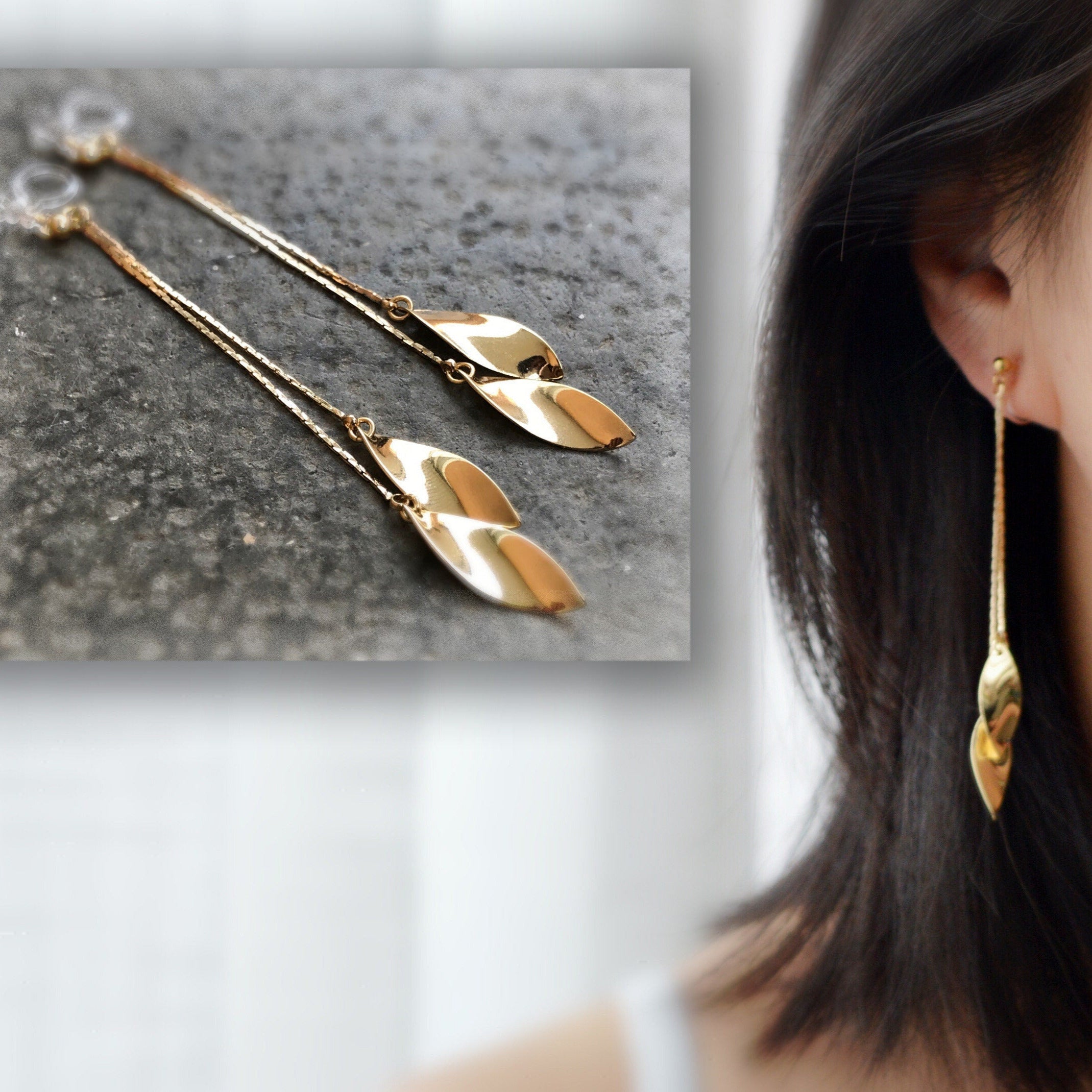 Longues Boucles d'oreilles CLIPS INVISIBLES pendantes tassel feuilles couleur doré, 18k plaqué d'or. Bijoux quotidien.